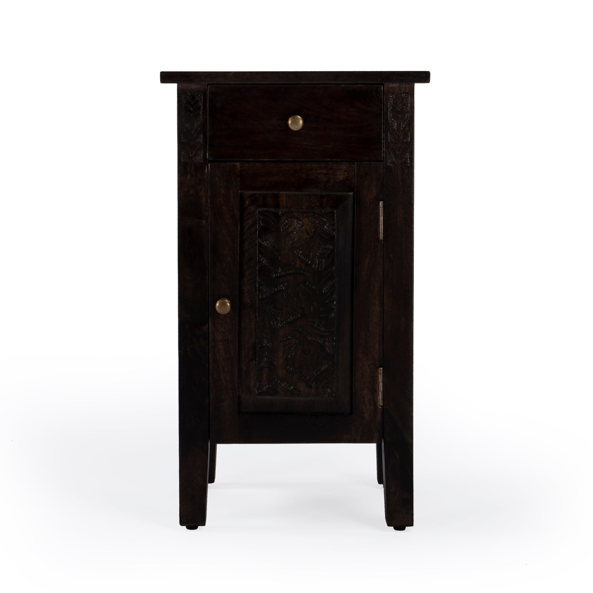 Butler Specialty Company Wester 14 in. W Rectangular Solid Wood Hand Carved 1 Drawer 1 Door Accent Side Table, Dark Brown