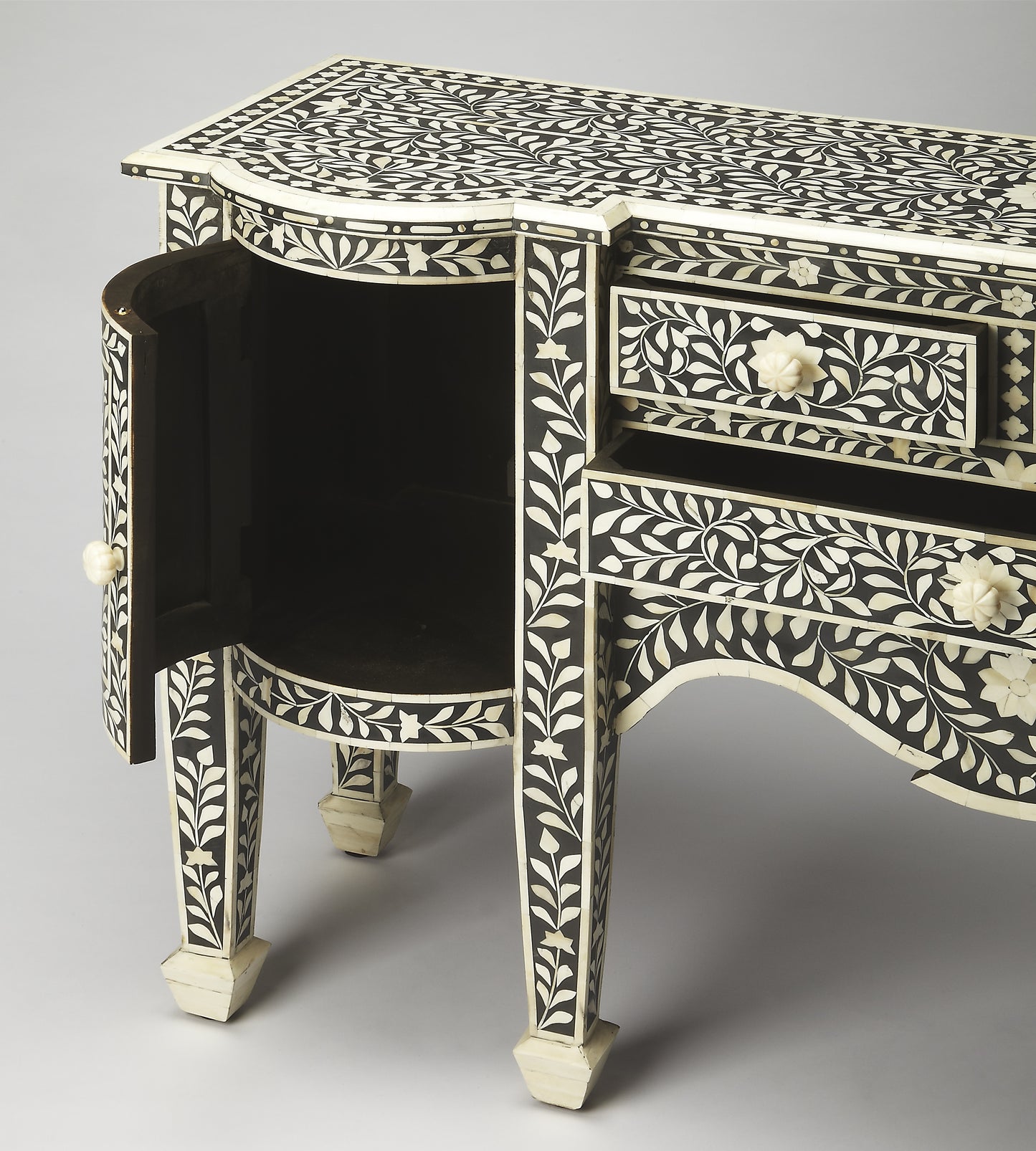 Butler Specialty Company Vivienne 57.25 in. W Rectangular Bone Inlay and Wood 3 Drawer 2 Door Console/Buffet, Black