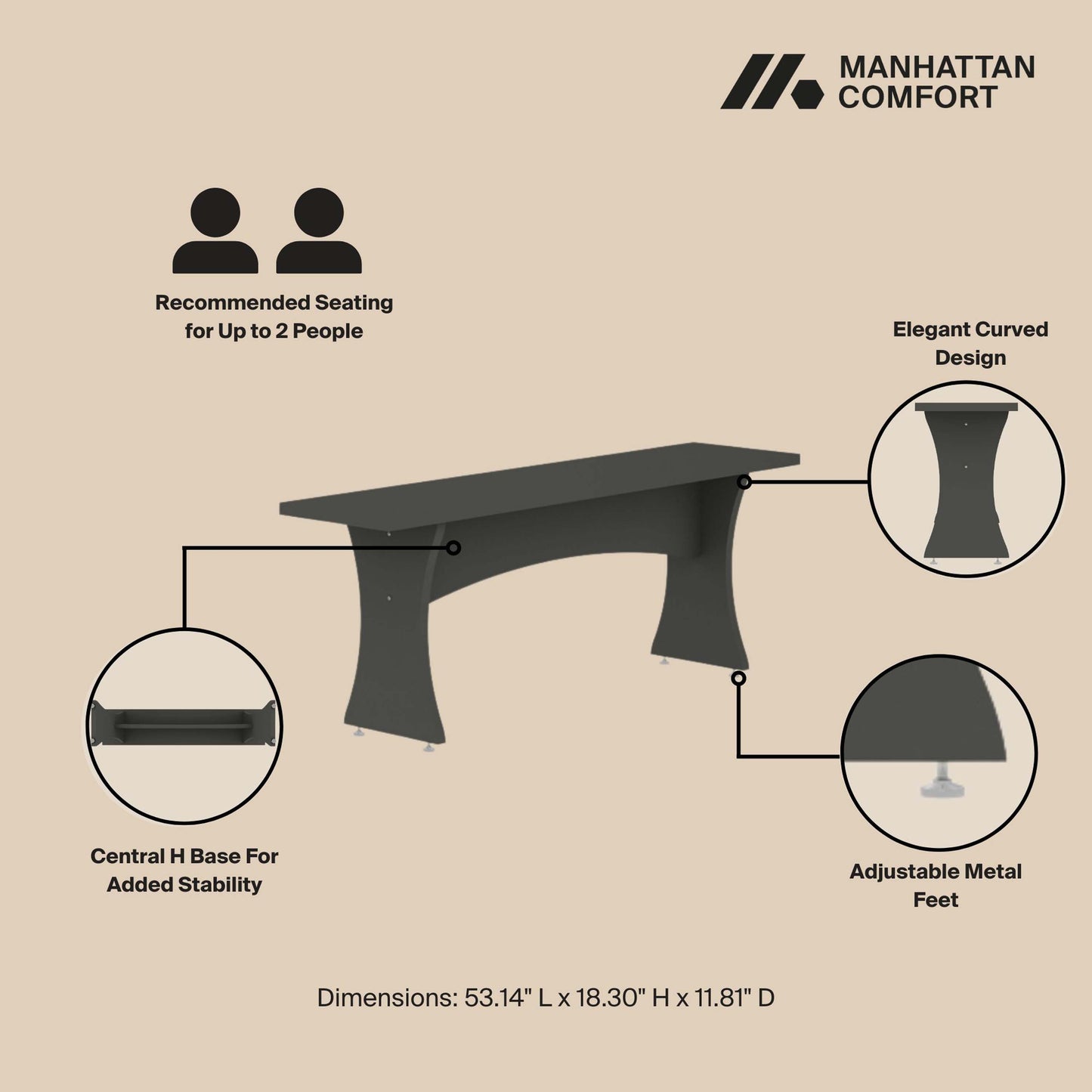 Manhattan Comfort Coney Mid-Century Modern Dining Bench in Grey (Set of 2) 184GMC9