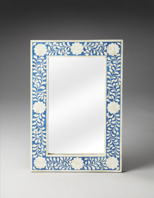 Butler Specialty Company Vivienne 16 in. W x 24 in. H Rectangular Bone Inlay Horizontal or Vertical Hanging Accent Wall Mirror, Blue, White