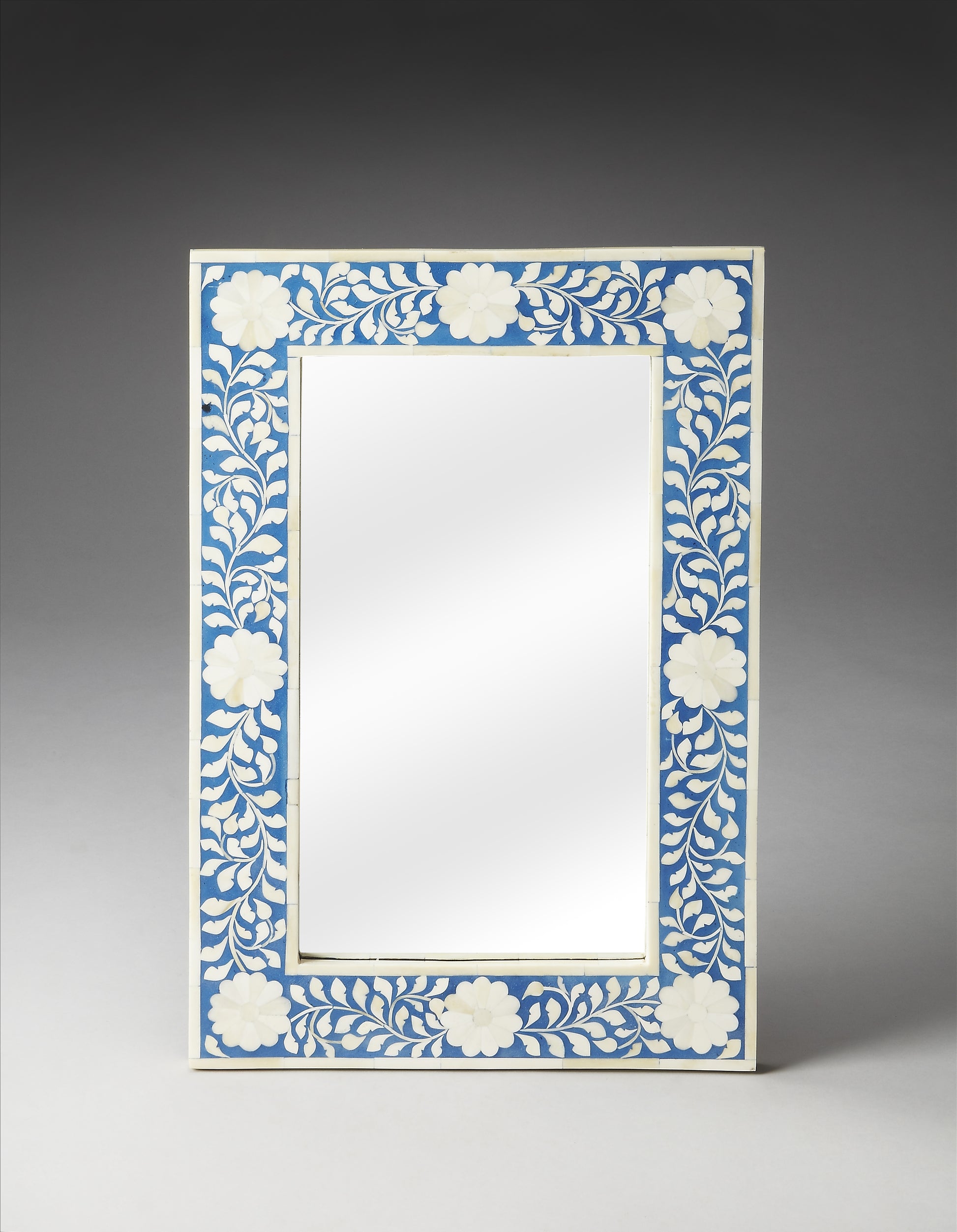 Butler Specialty Company Vivienne 16 in. W x 24 in. H Rectangular Bone Inlay Horizontal or Vertical Hanging Accent Wall Mirror, Blue, White