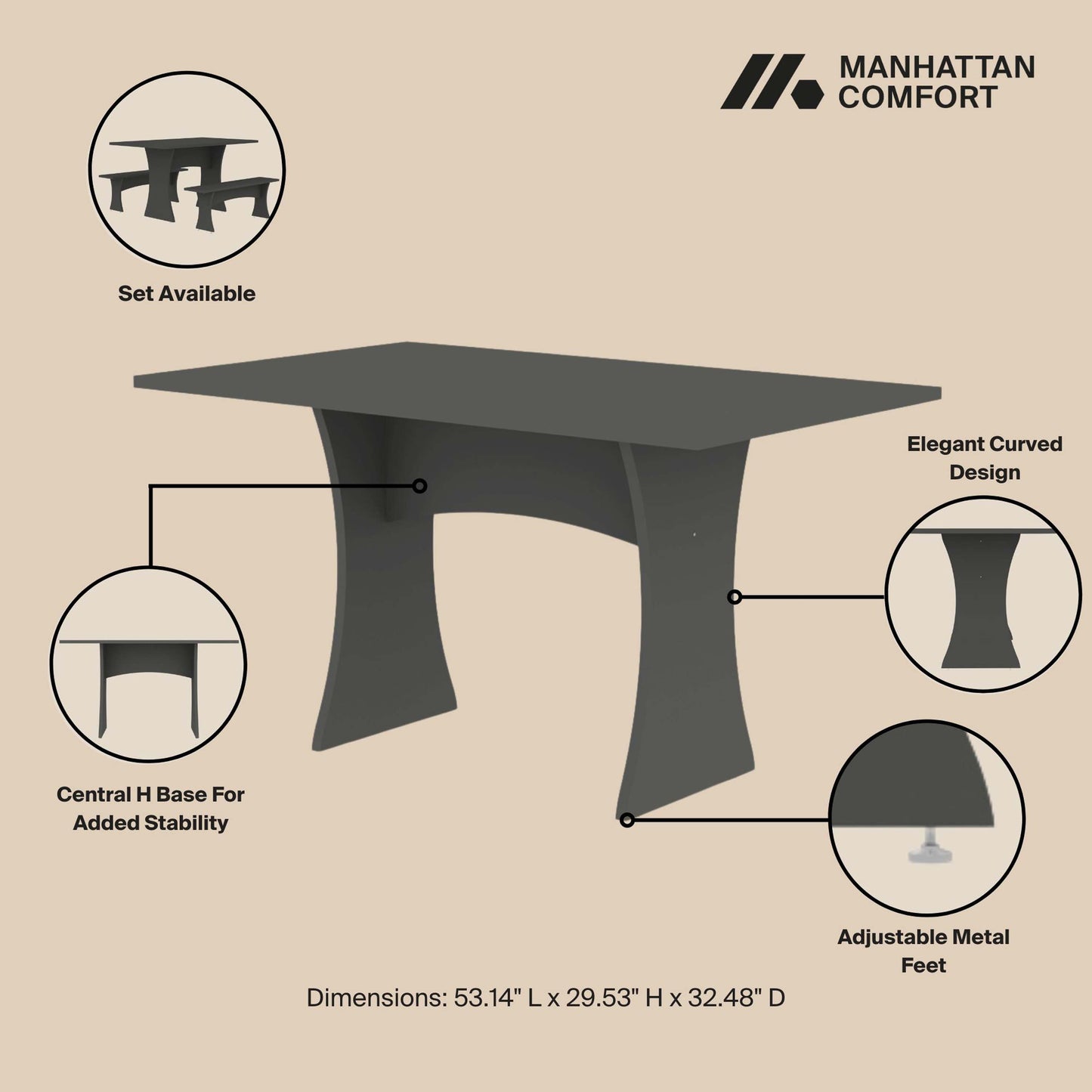 Manhattan Comfort Coney 53.14" Mid-Century Modern Dining Table in Grey 187GMC9