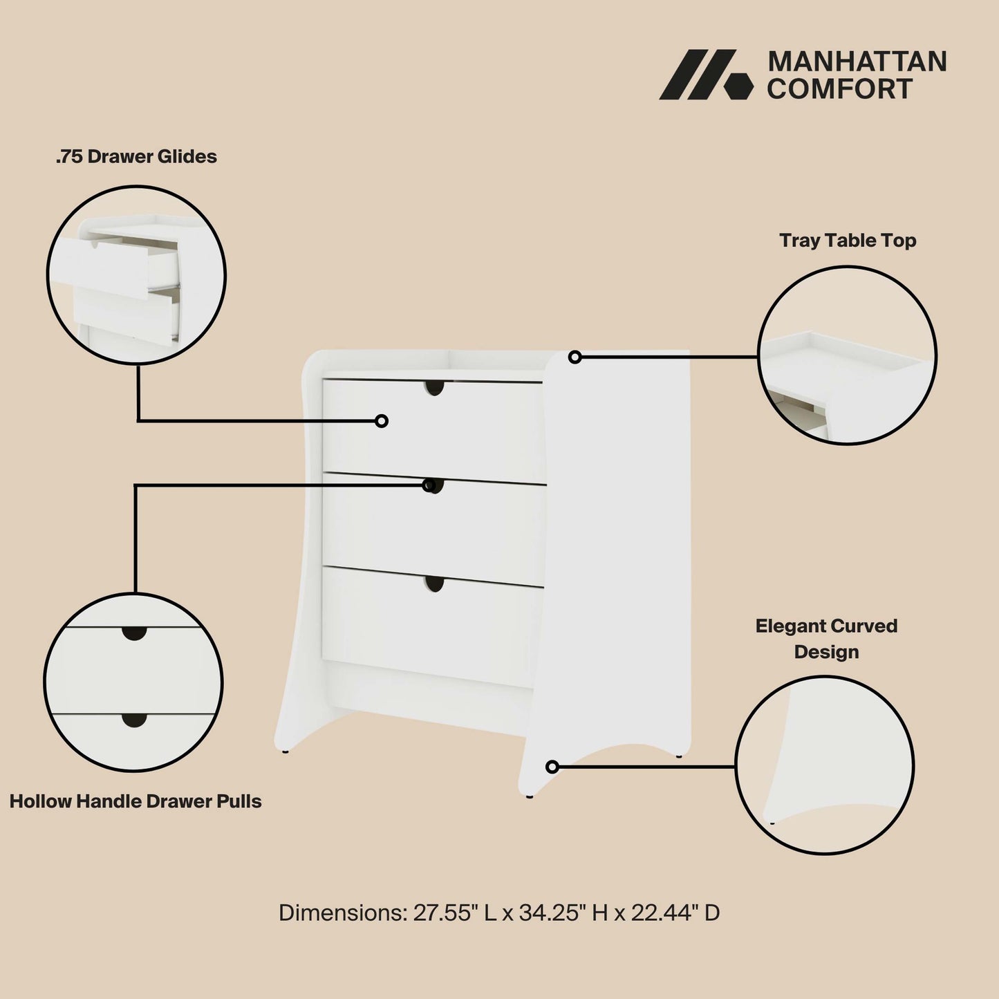 Coney Mid-Century Modern 3-Piece Dresser Set in White 188GMC1