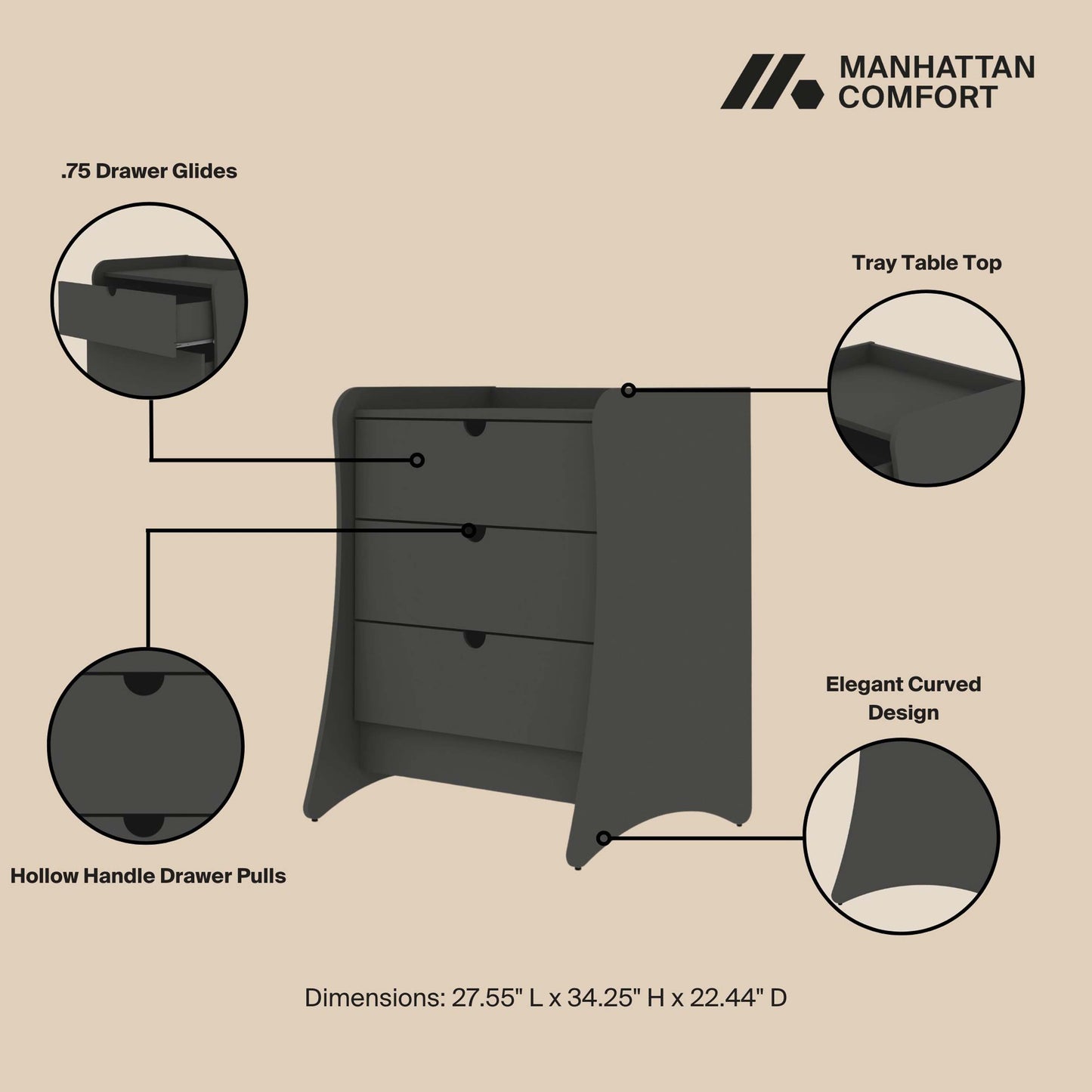 Manhattan Comfort Coney 3-Piece Mid-Century Modern Dresser and Nightstand Set in Grey 188GMC9