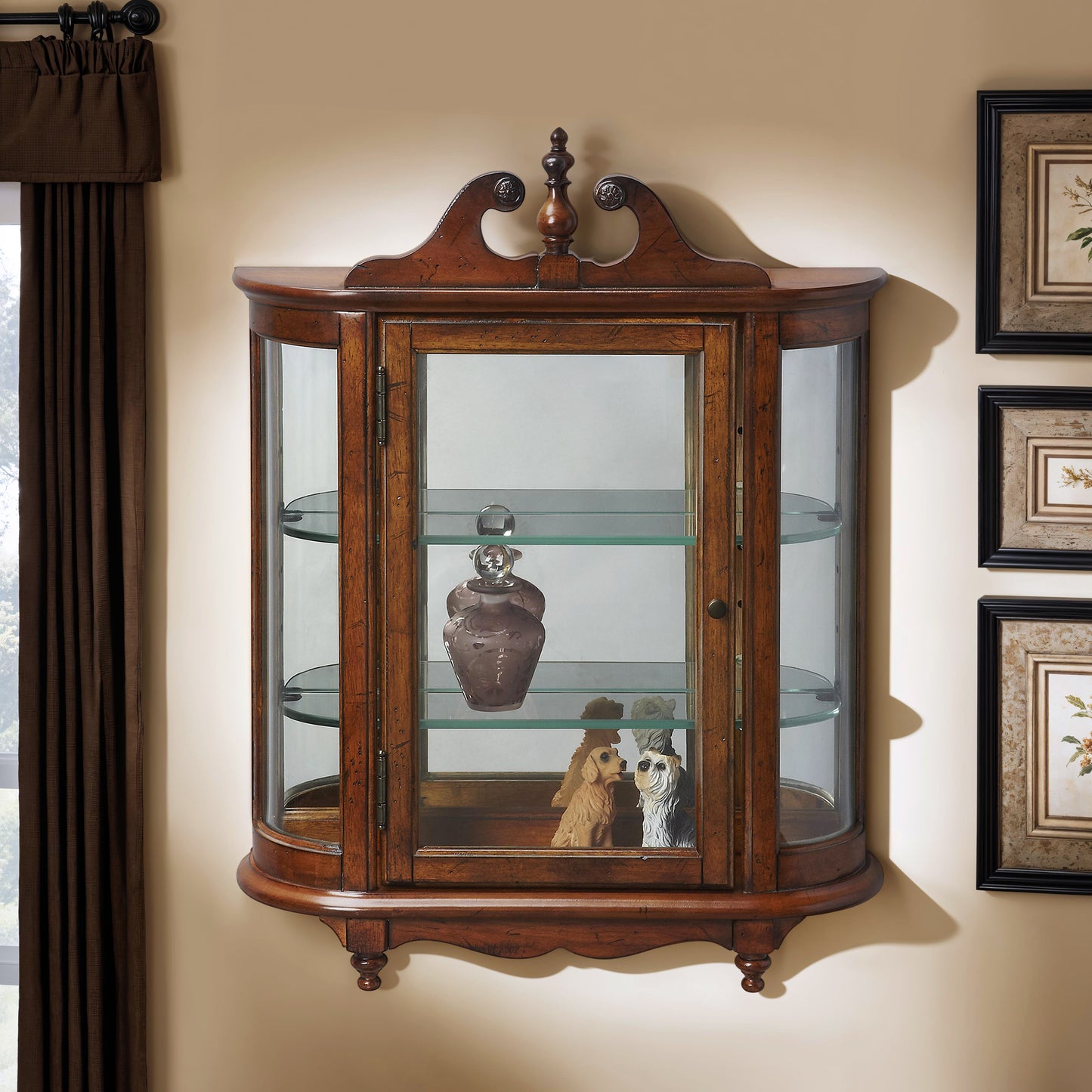 Butler Specialty Company Melinda 21 in. W x 27.5 in. H Wood Traditional 1 Door 2 Glass Shelve Mirrored Back Wall Curio, Medium Brown
