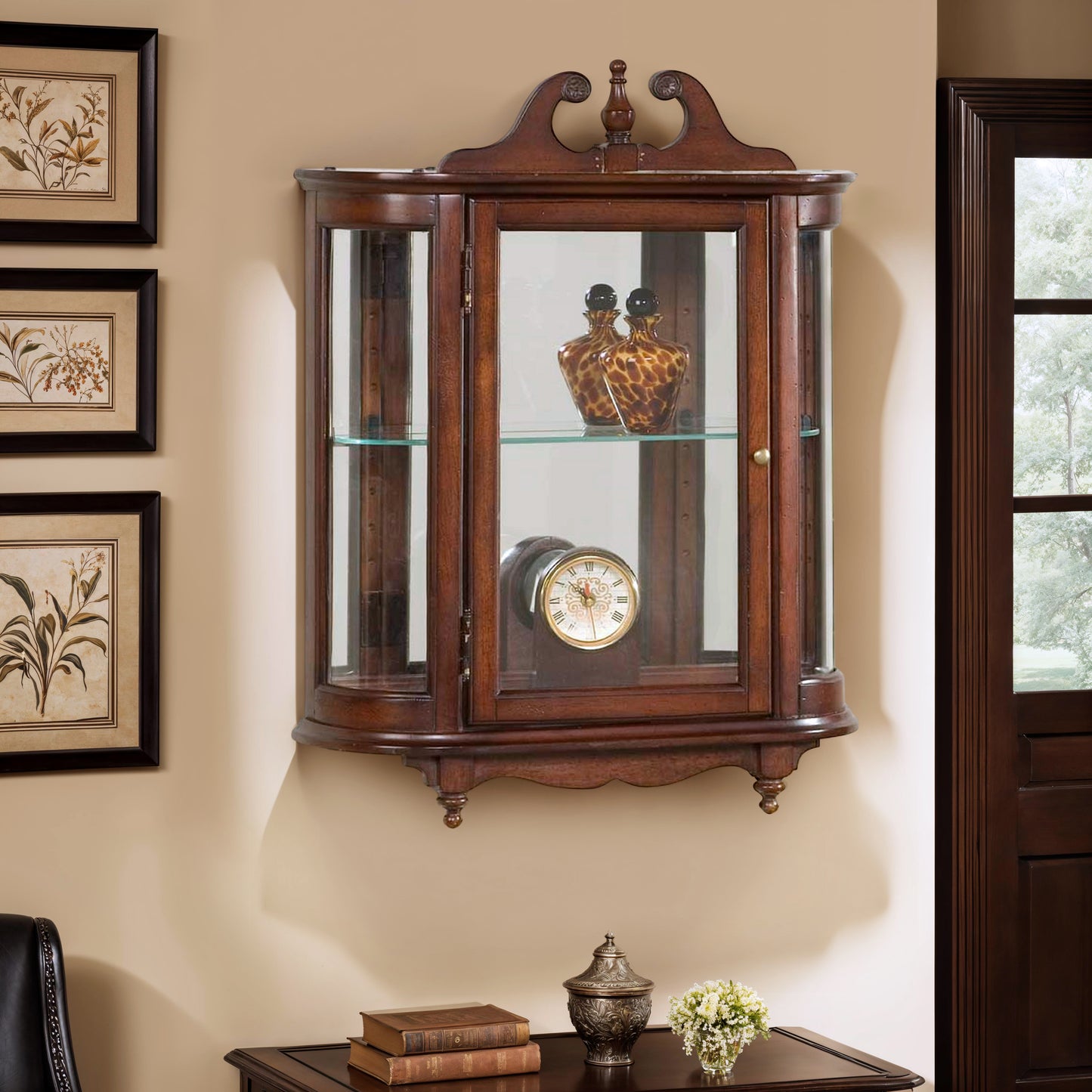 Butler Specialty Company Melinda 21 in. W x 27.5 in. H Wood Traditional 1 Door 2 Glass Shelve Mirrored Back Wall Curio, Dark Brown