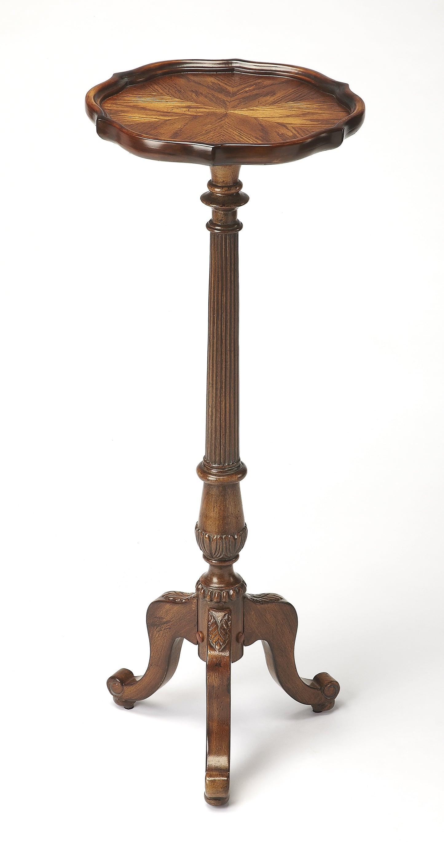 Butler Specialty Company Chatsworth 13.75 in. W x 36.5 in. H Round Wood Scalloped Edge 3 Leg Pedestal Plant Stand, Medium Brown