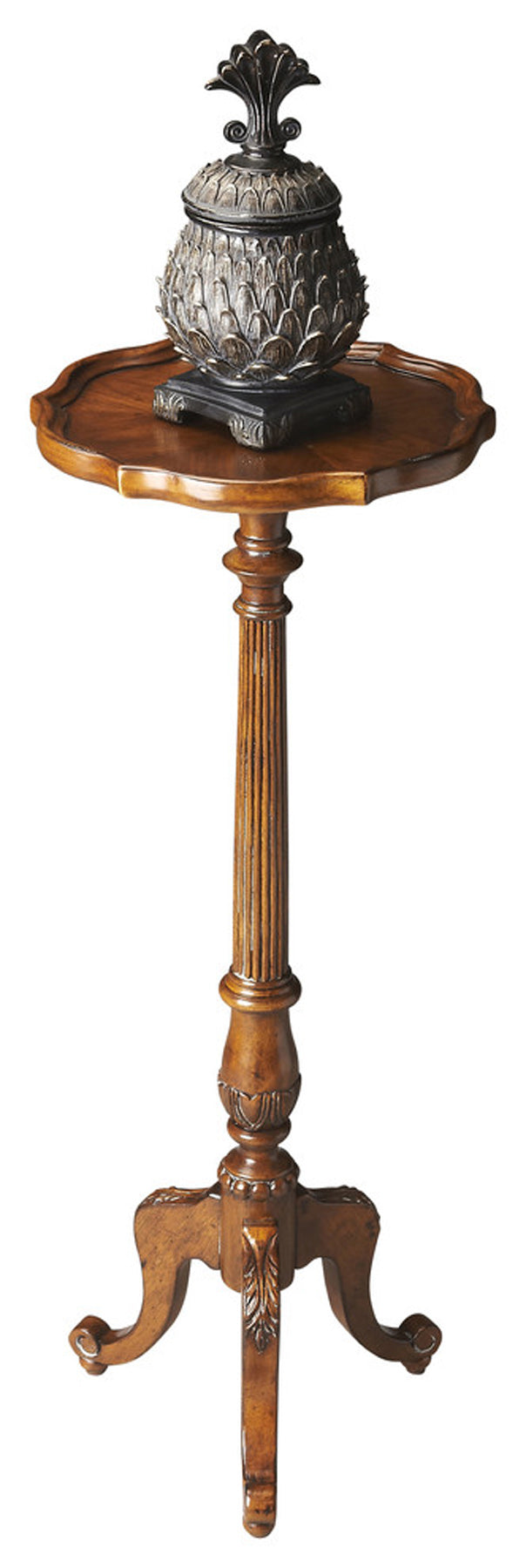 Butler Specialty Company Chatsworth 13.75 in. W x 36.5 in. H Round Wood Scalloped Edge 3 Leg Pedestal Plant Stand, Medium Brown
