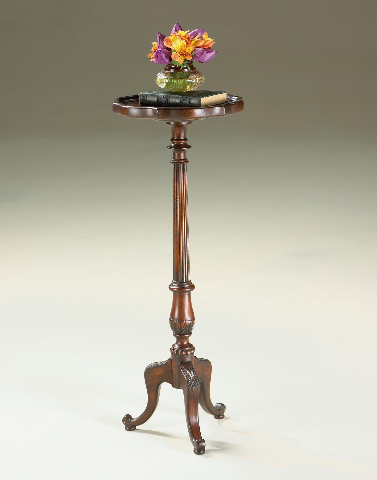 Butler Specialty Company Chatsworth 13.75 in. W x 36.5 in. H Round Wood Scalloped Edge 3 Leg Pedestal Plant Stand, Dark Brown