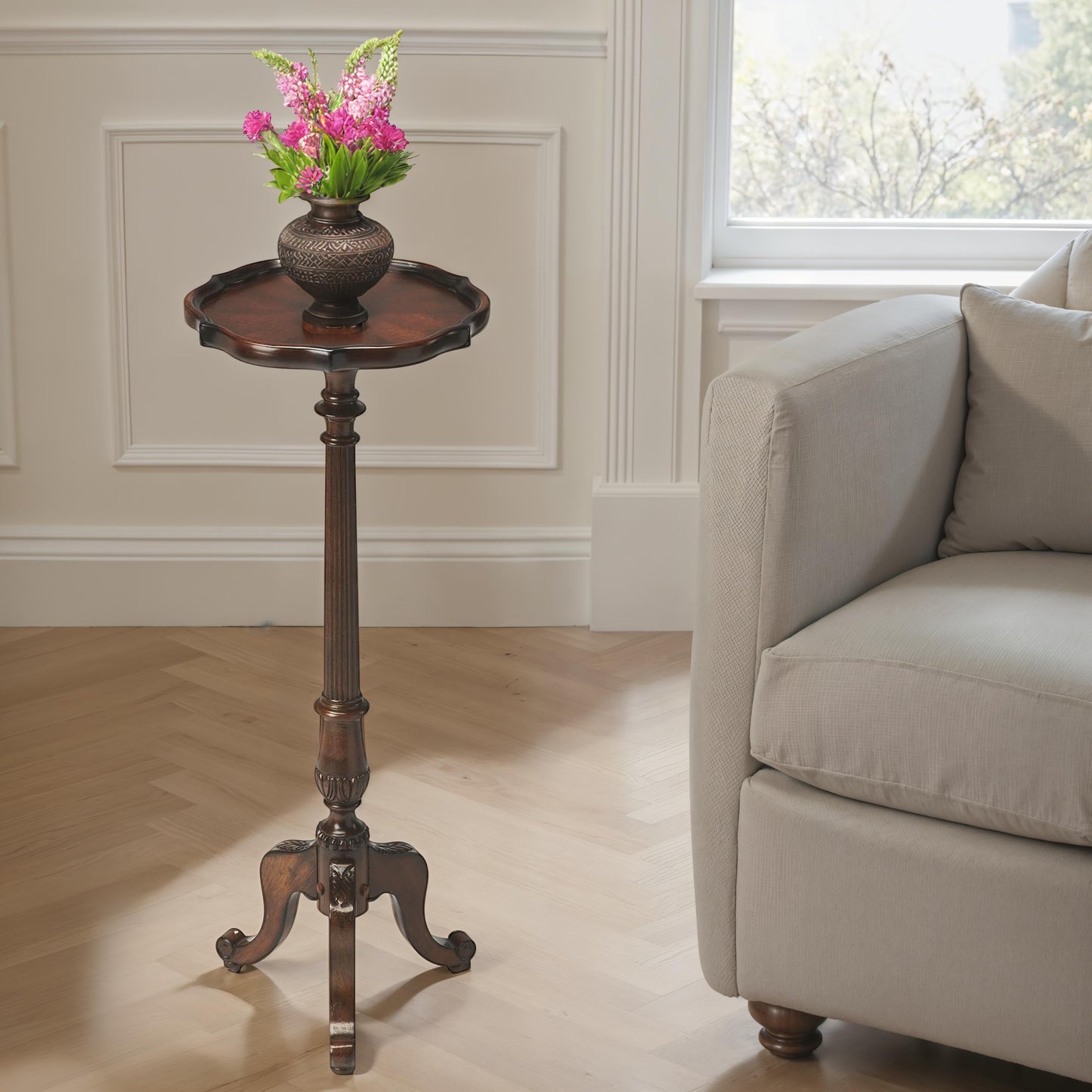 Butler Specialty Company Chatsworth 13.75 in. W x 36.5 in. H Round Wood Scalloped Edge 3 Leg Pedestal Plant Stand, Dark Brown