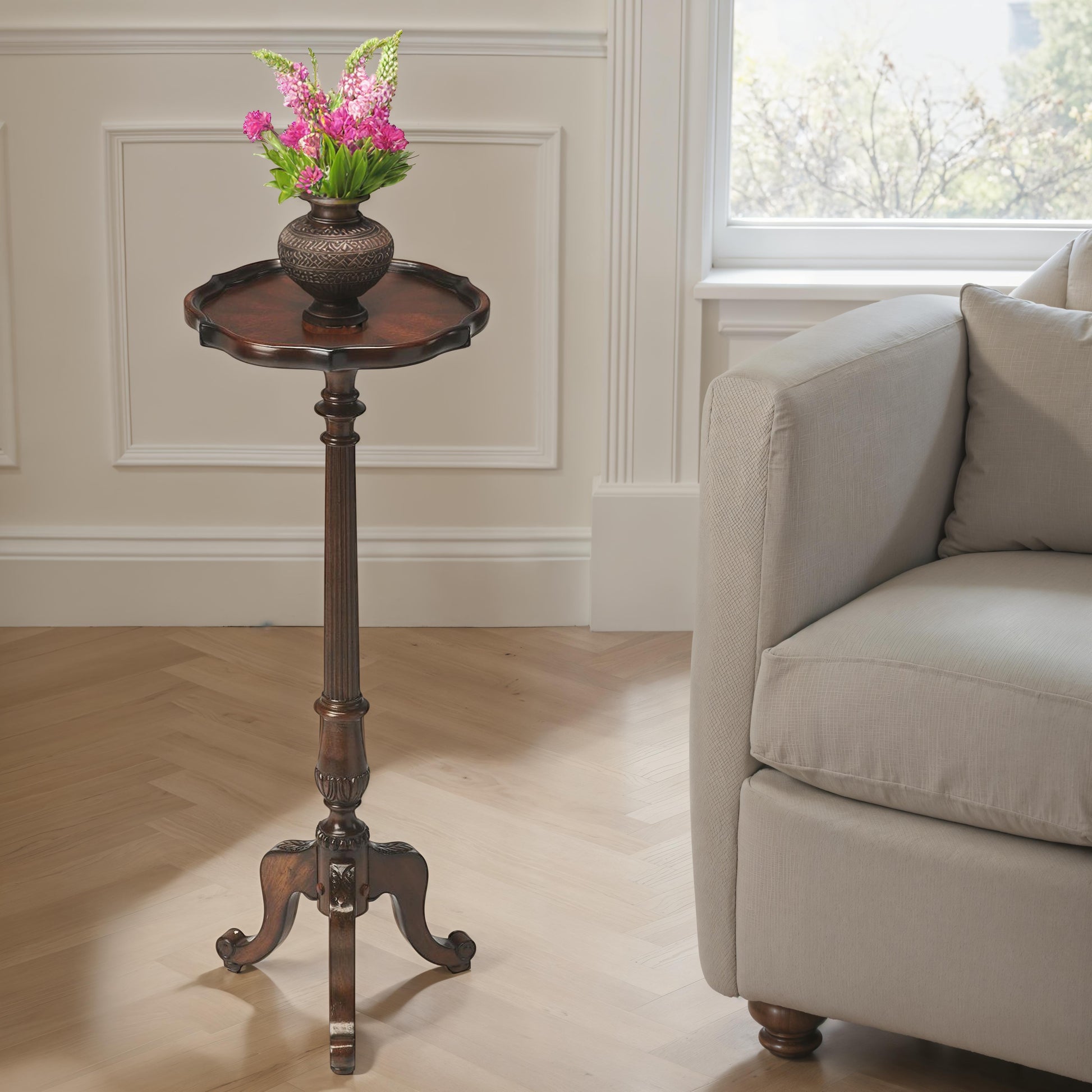 Butler Specialty Company Chatsworth 13.75 in. W x 36.5 in. H Round Wood Scalloped Edge 3 Leg Pedestal Plant Stand, Dark Brown