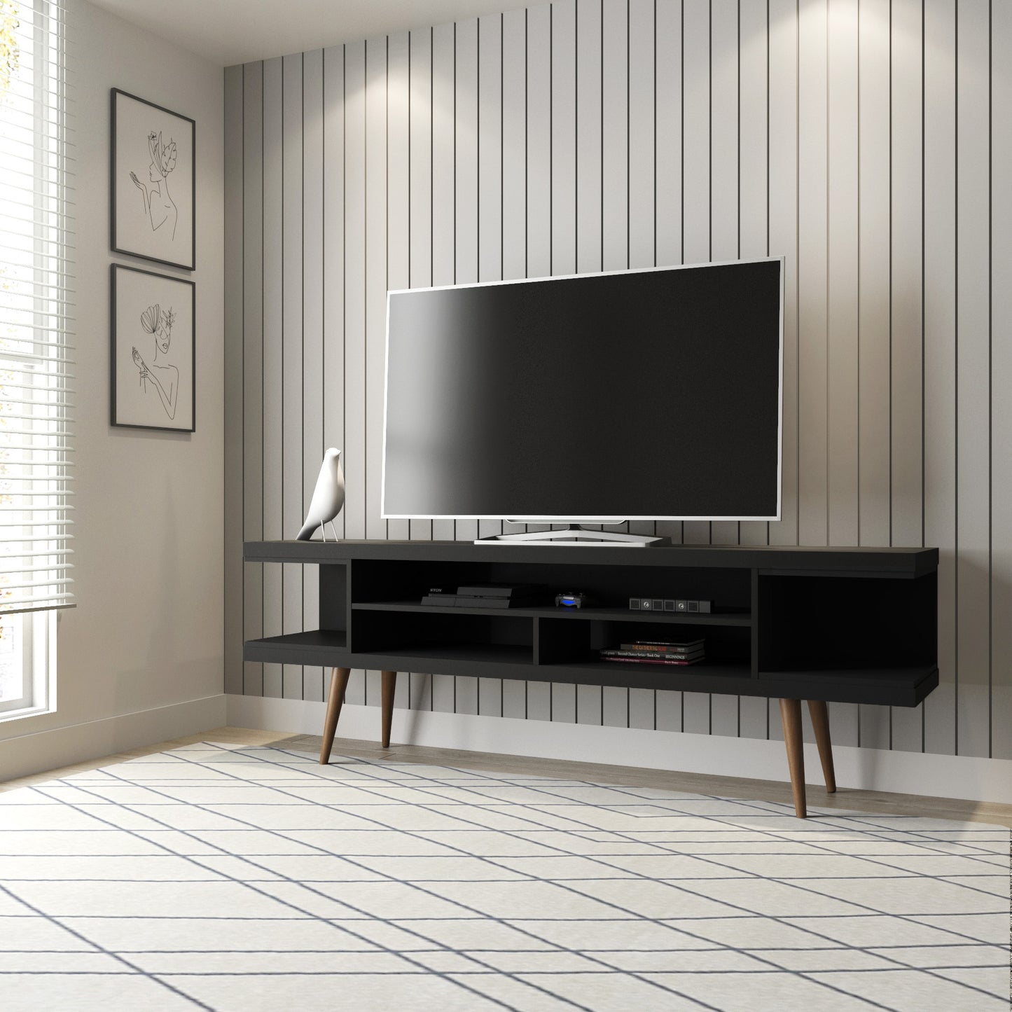 Manhattan Comfort Utopia 70.47" TV Stand with Splayed Wooden Legs and 4 Shelves in Black 19753