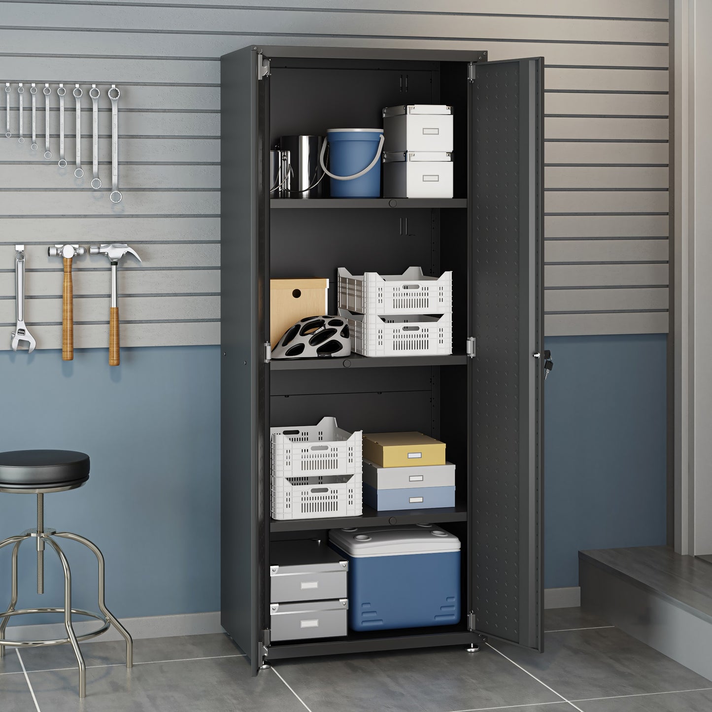 Manhattan Comfort Fortress Textured Metal 75.4" Garage Cabinet with 4 Adjustable Shelves in Charcoal Grey 1GMCF-CH
