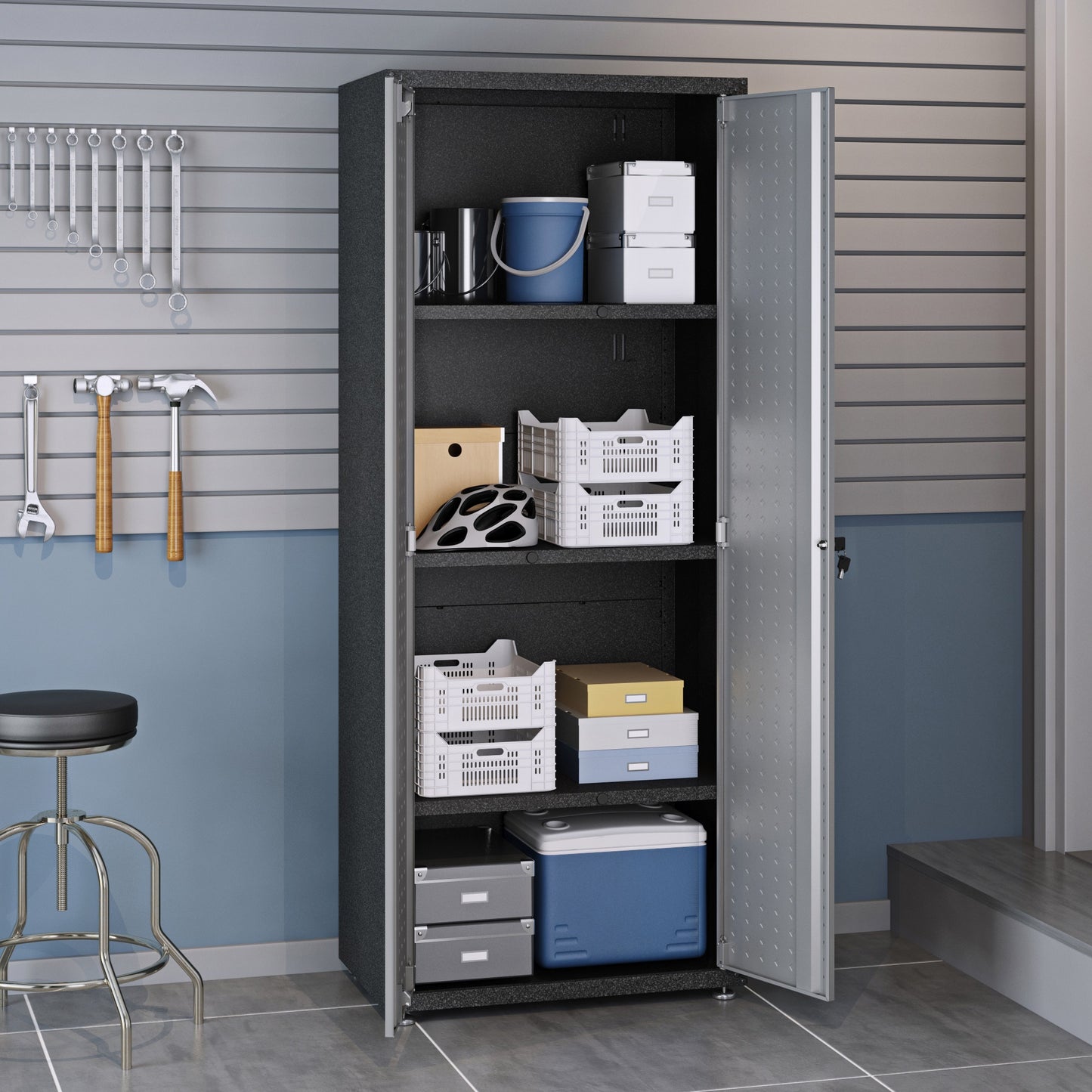 Manhattan Comfort Fortress Textured Metal 75.4" Garage Cabinet with 4 Adjustable Shelves in Grey 1GMCF