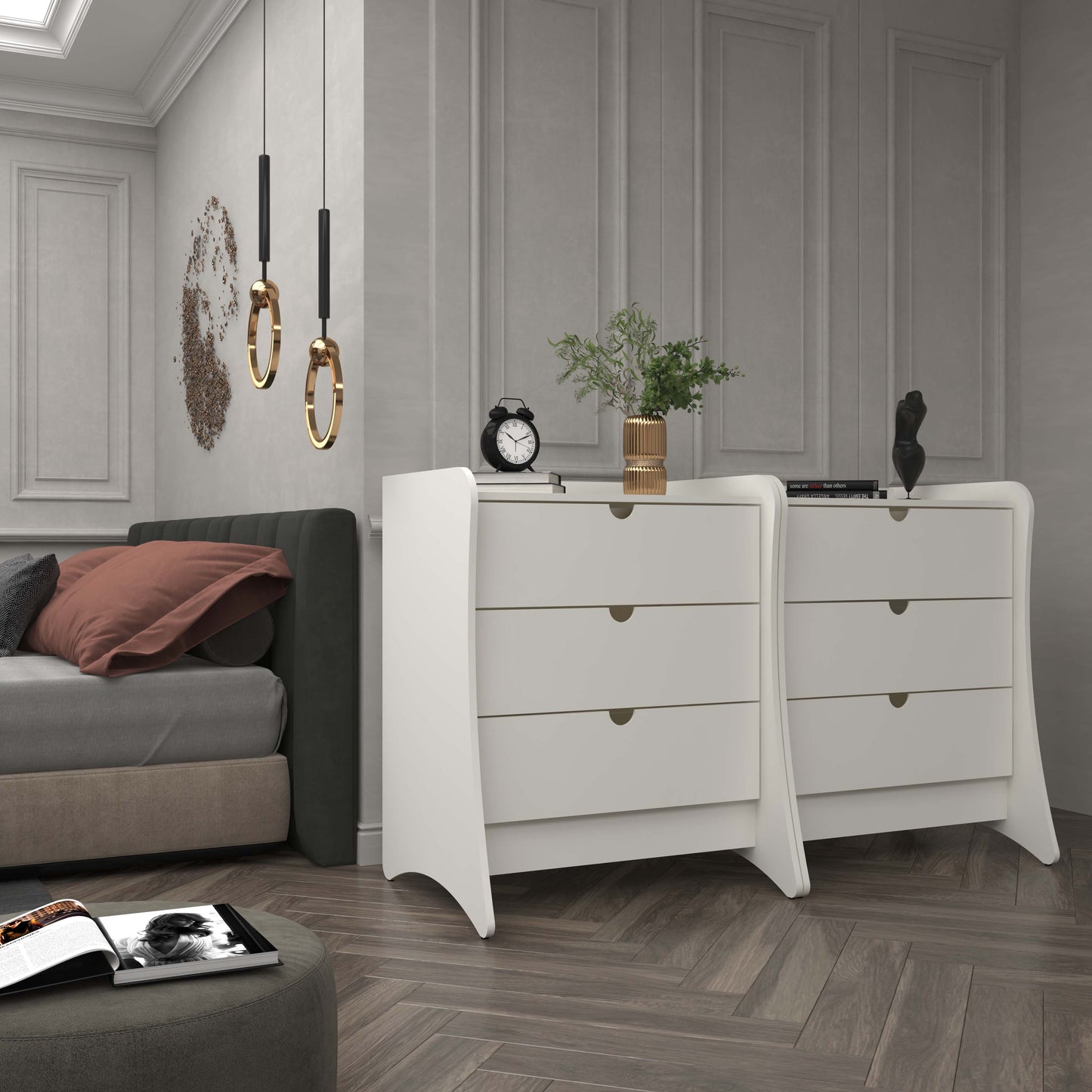 Manhattan Comfort Coney Mid-Century Modern 3-Drawer Dresser in White (Set of 2) 2-182GMC1