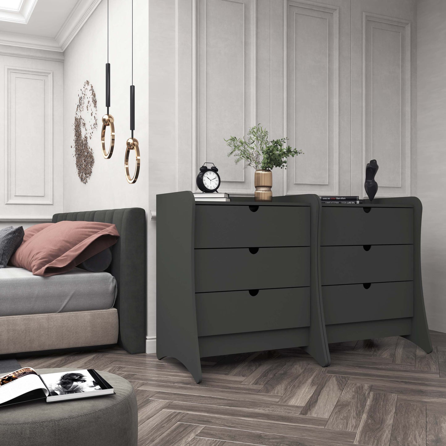 Manhattan Comfort Coney Mid-Century Modern 3-Drawer Dresser in Grey (Set of 2) 2-182GMC9