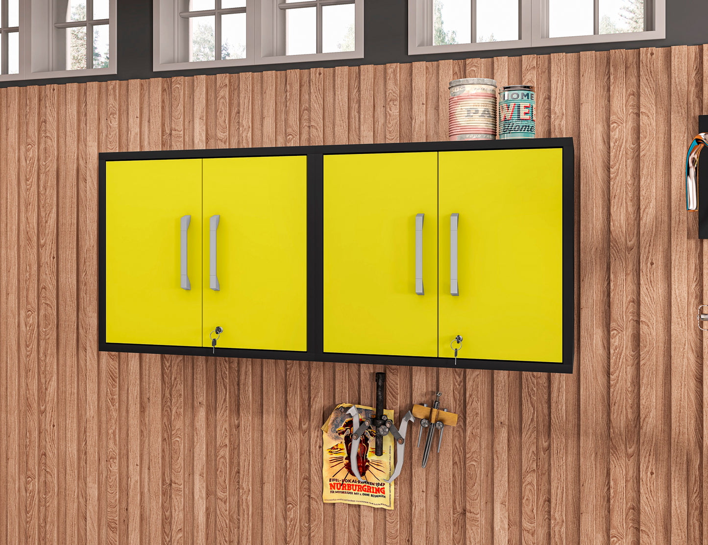 Manhattan Comfort Eiffel Floating Garage Cabinet in Matte Black and Yellow (Set of 2) 2-251BMC84