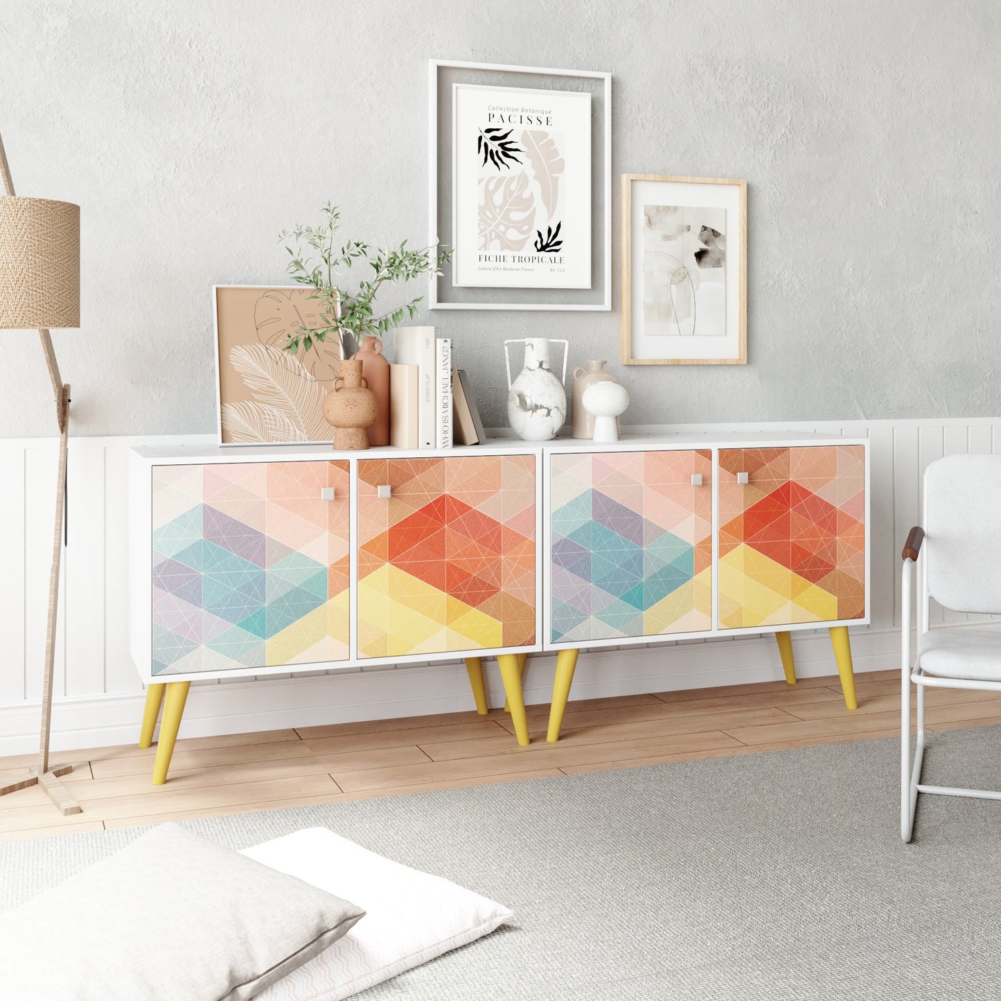 Manhattan Comfort 2-Piece Mid-Century Modern Avesta Double Side Table in White, Stamp, Yellow 2-7AMC132