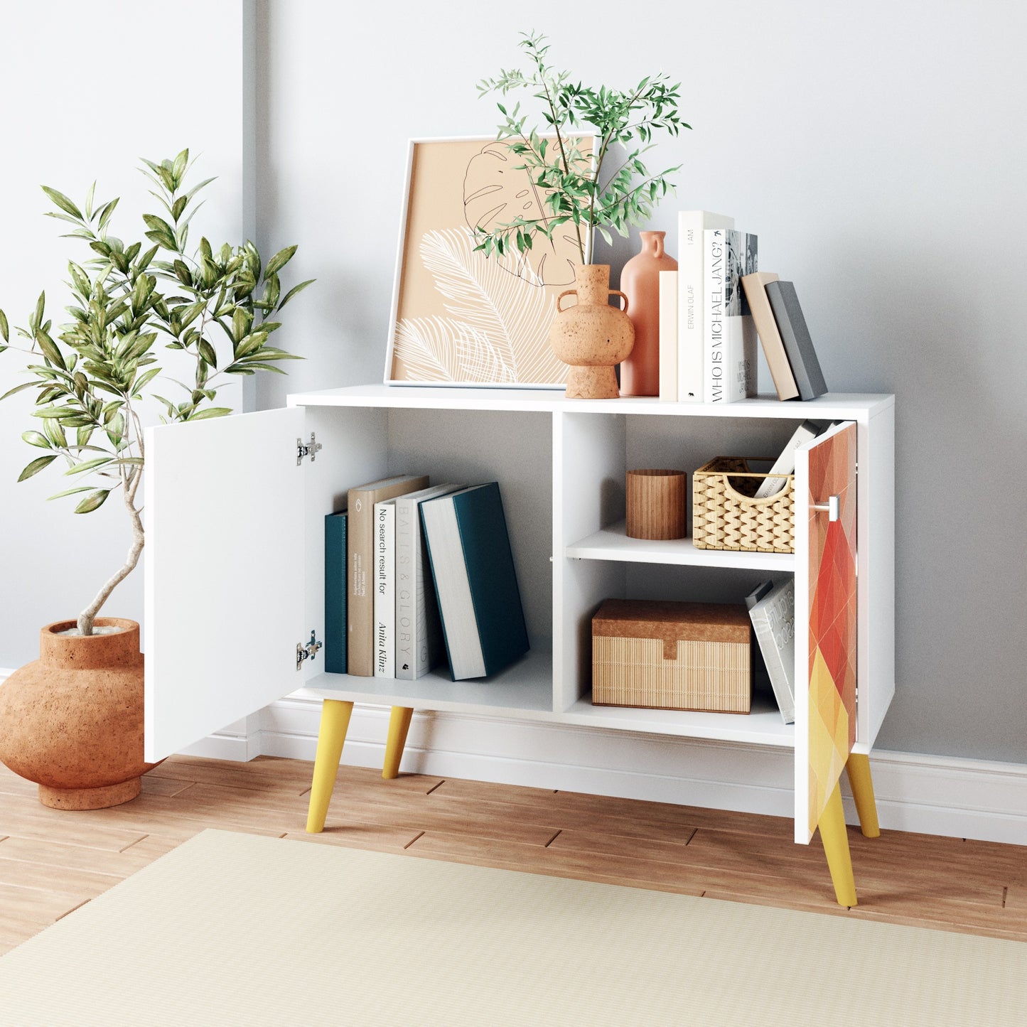 Manhattan Comfort 2-Piece Mid-Century Modern Avesta Double Side Table in White, Stamp, Yellow 2-7AMC132