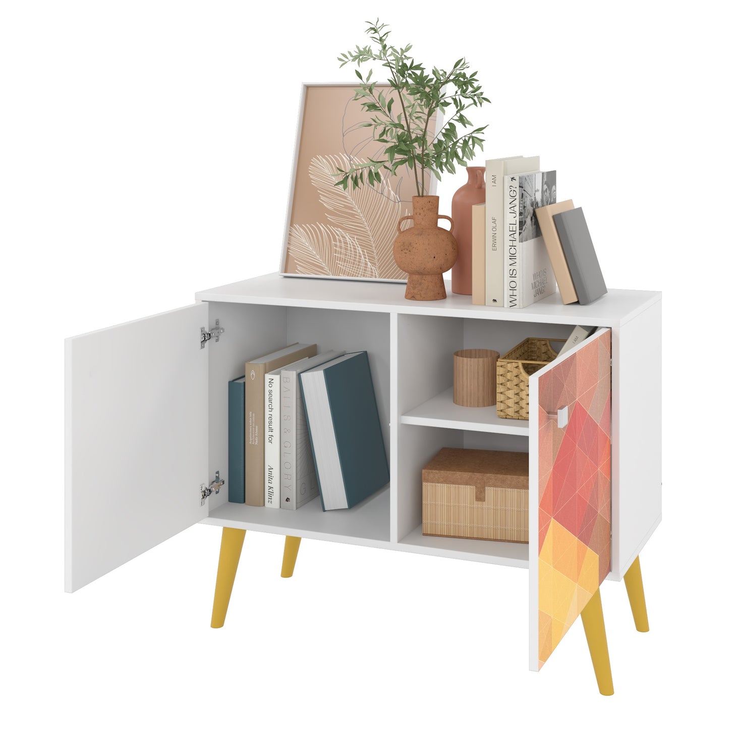 Manhattan Comfort 2-Piece Mid-Century Modern Avesta Double Side Table in White, Stamp, Yellow 2-7AMC132