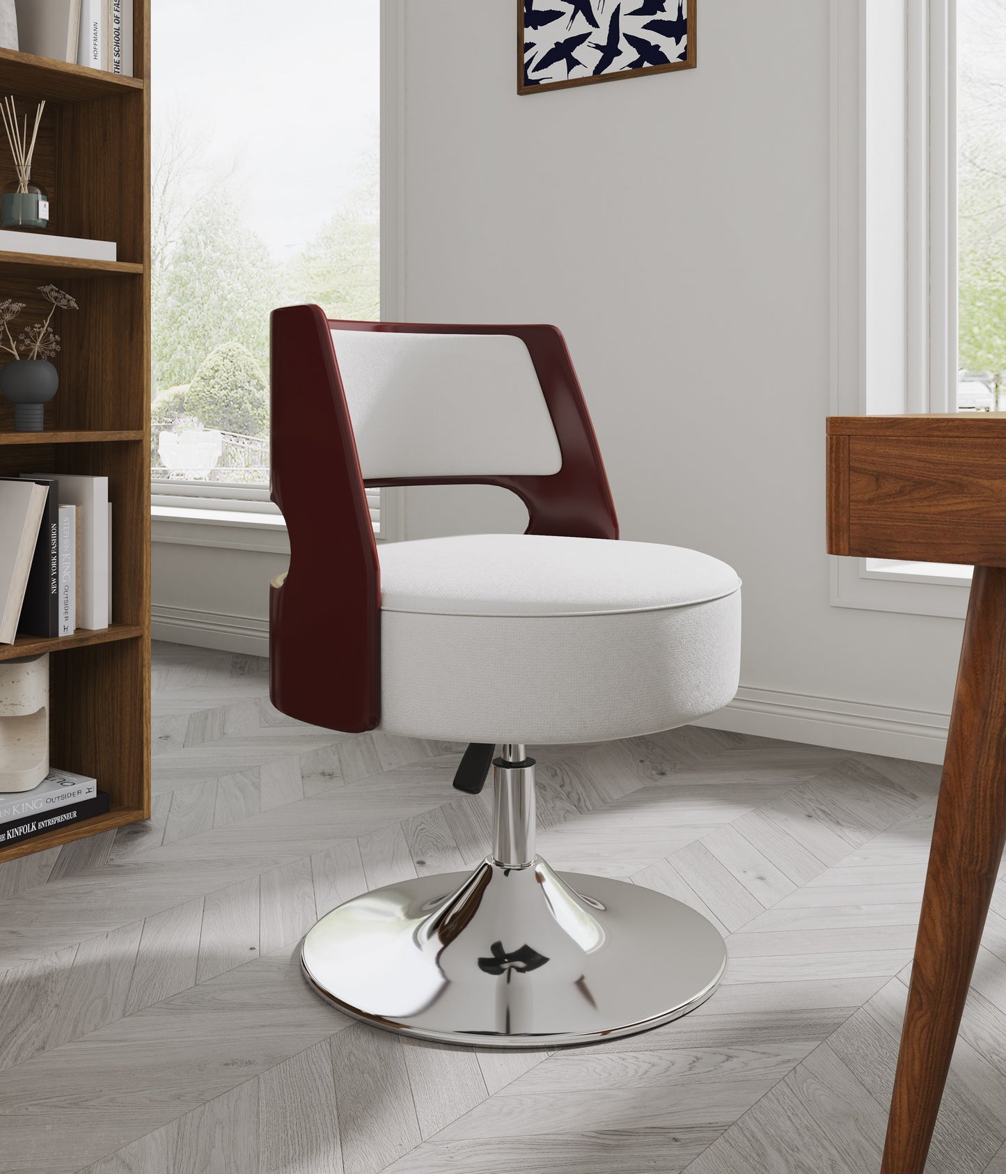 Manhattan Comfort Salon White and Polished Chrome Faux Leather Adjustable Height Swivel Accent Chair (Set of 2) 2-AC034-WH