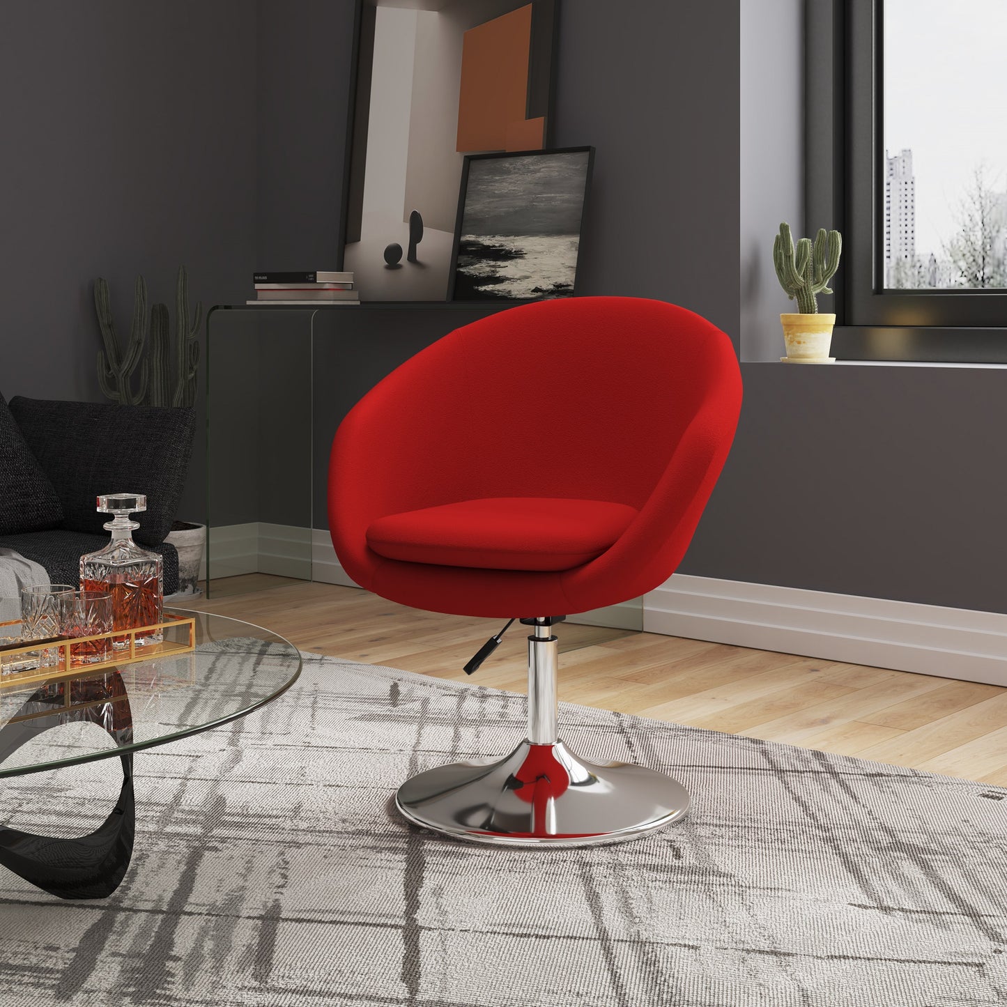 Manhattan Comfort Hopper Red and Polished Chrome Wool Blend Adjustable Height Chair (Set of 2) 2-AC036-RD