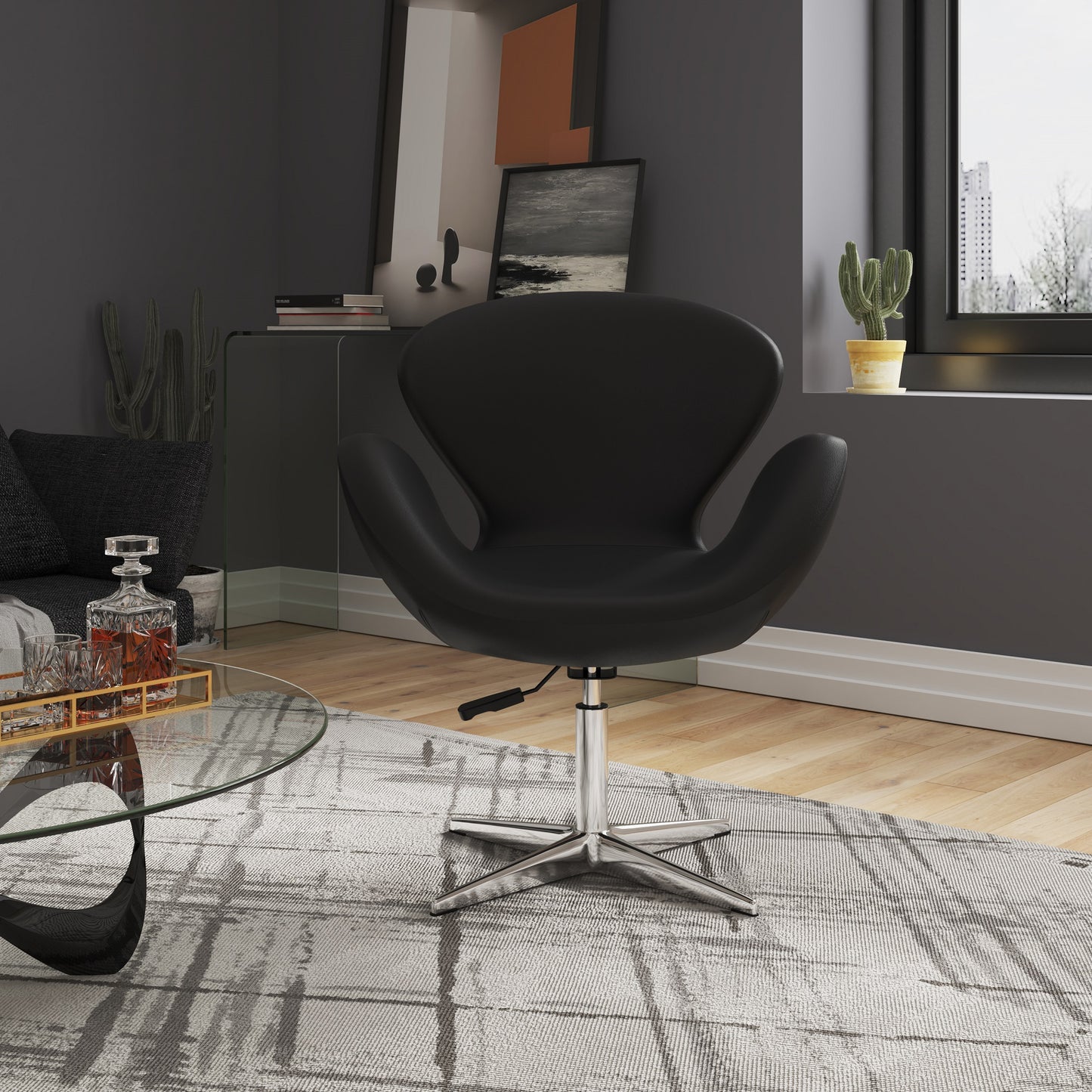 Raspberry Modern Upholstered Swivel Lounge Chair in Black - Set of 2 2-AC038-BK