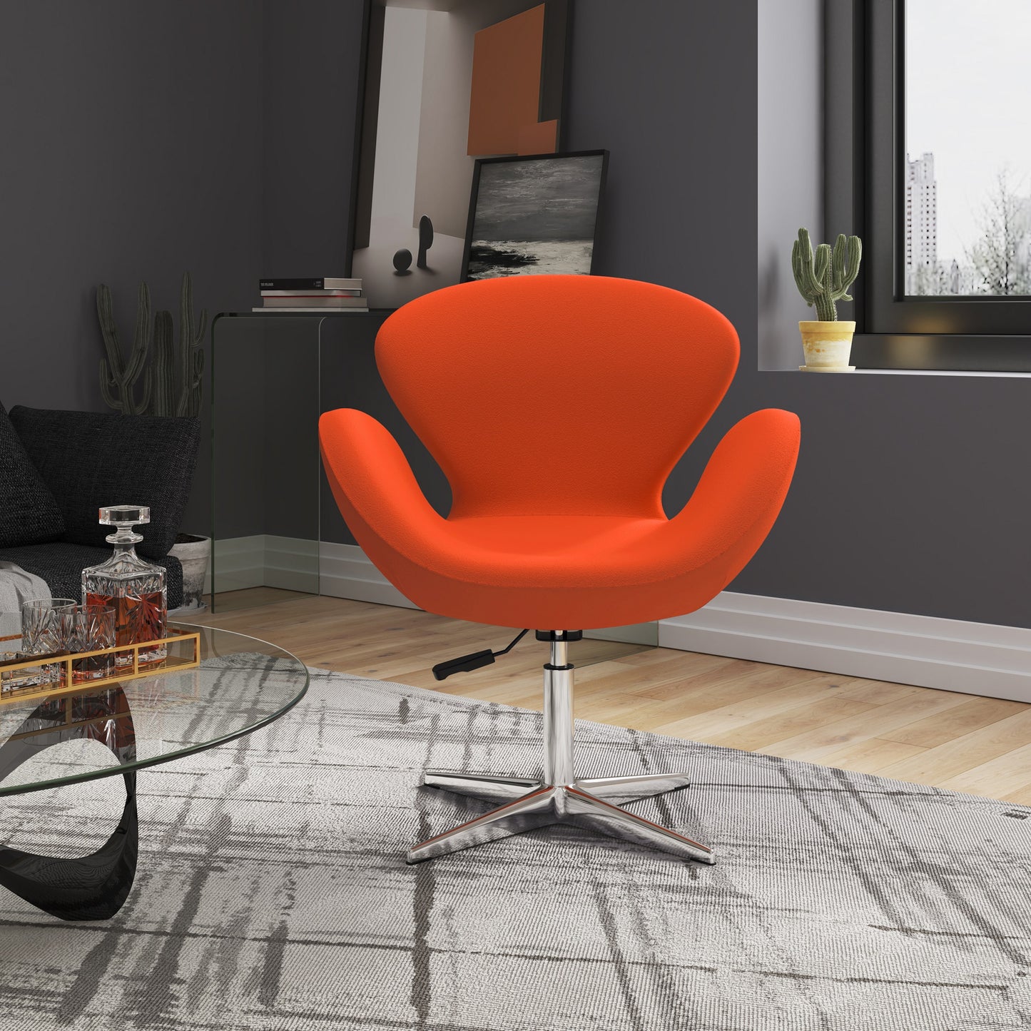 Manhattan Comfort Raspberry Orange and Polished Chrome Wool Blend Adjustable Swivel Chair (Set of 2) 2-AC038-OR