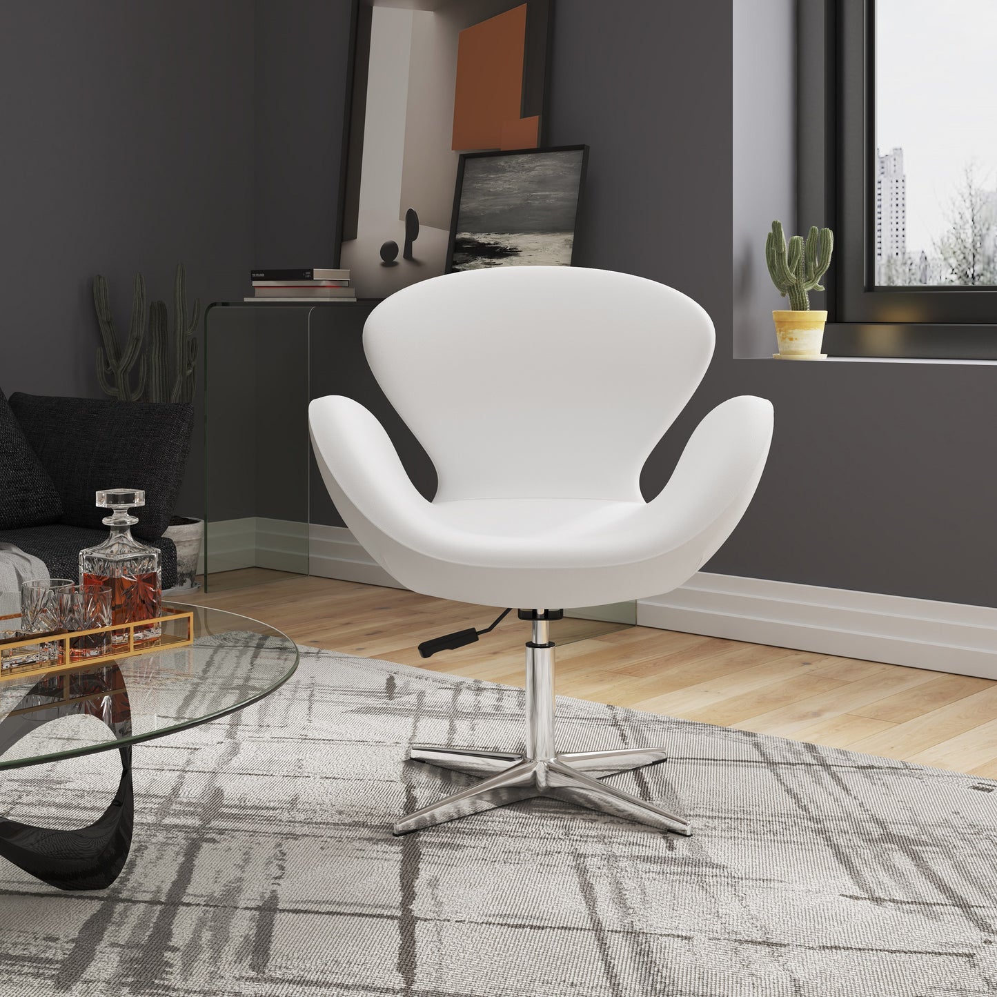 Manhattan Comfort Raspberry White and Polished Chrome Faux Leather Adjustable Swivel Chair (Set of 2) 2-AC038-WH