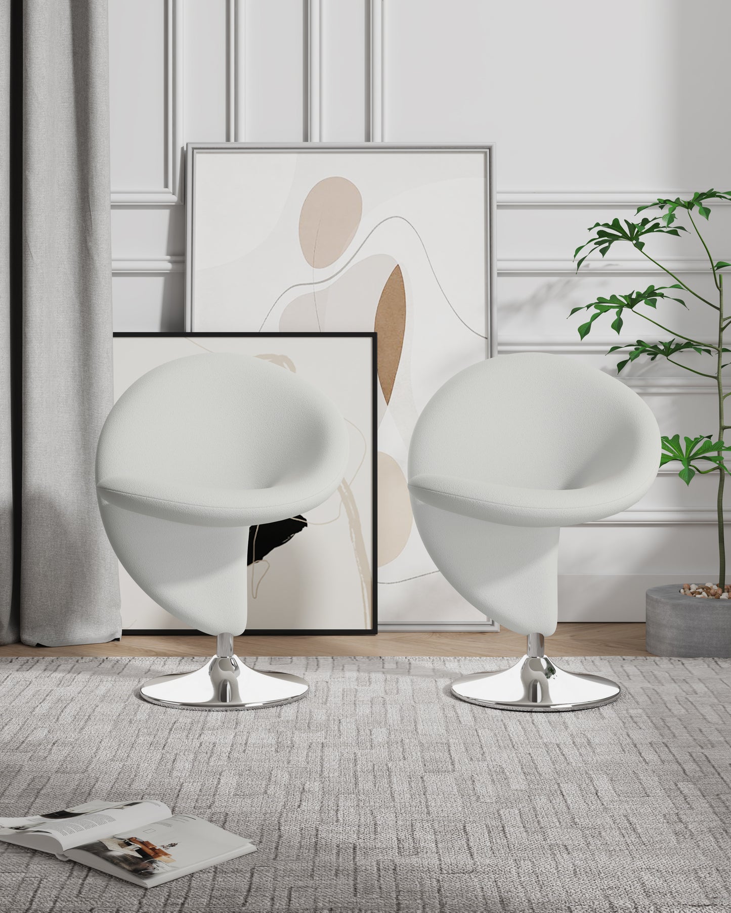 Manhattan Comfort Curl Cream and Polished Chrome Wool Blend Swivel Accent Chair (Set of 2) 2-AC040-CR