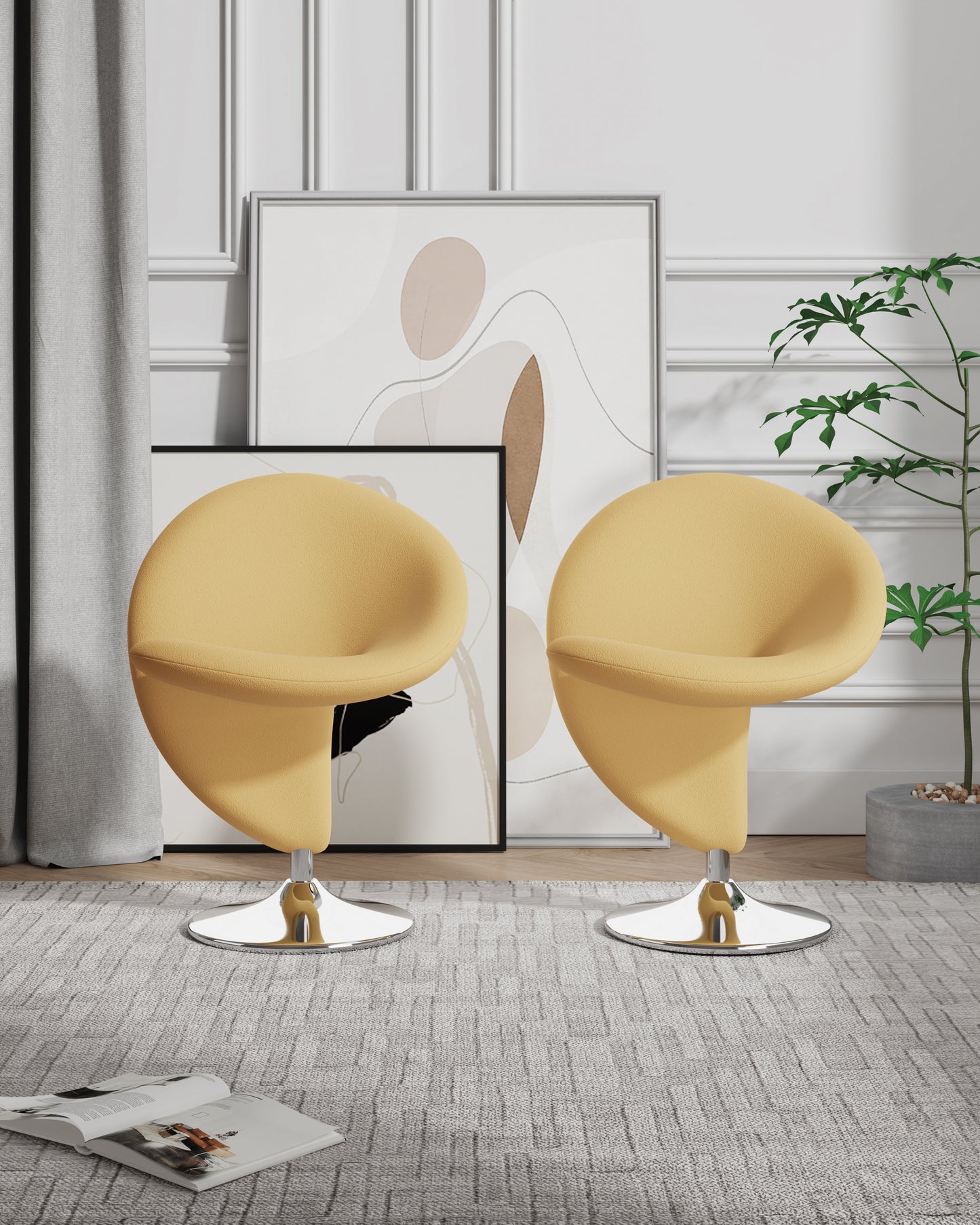 Manhattan Comfort Curl Yellow and Polished Chrome Wool Blend Swivel Accent Chair (Set of 2) 2-AC040-YL