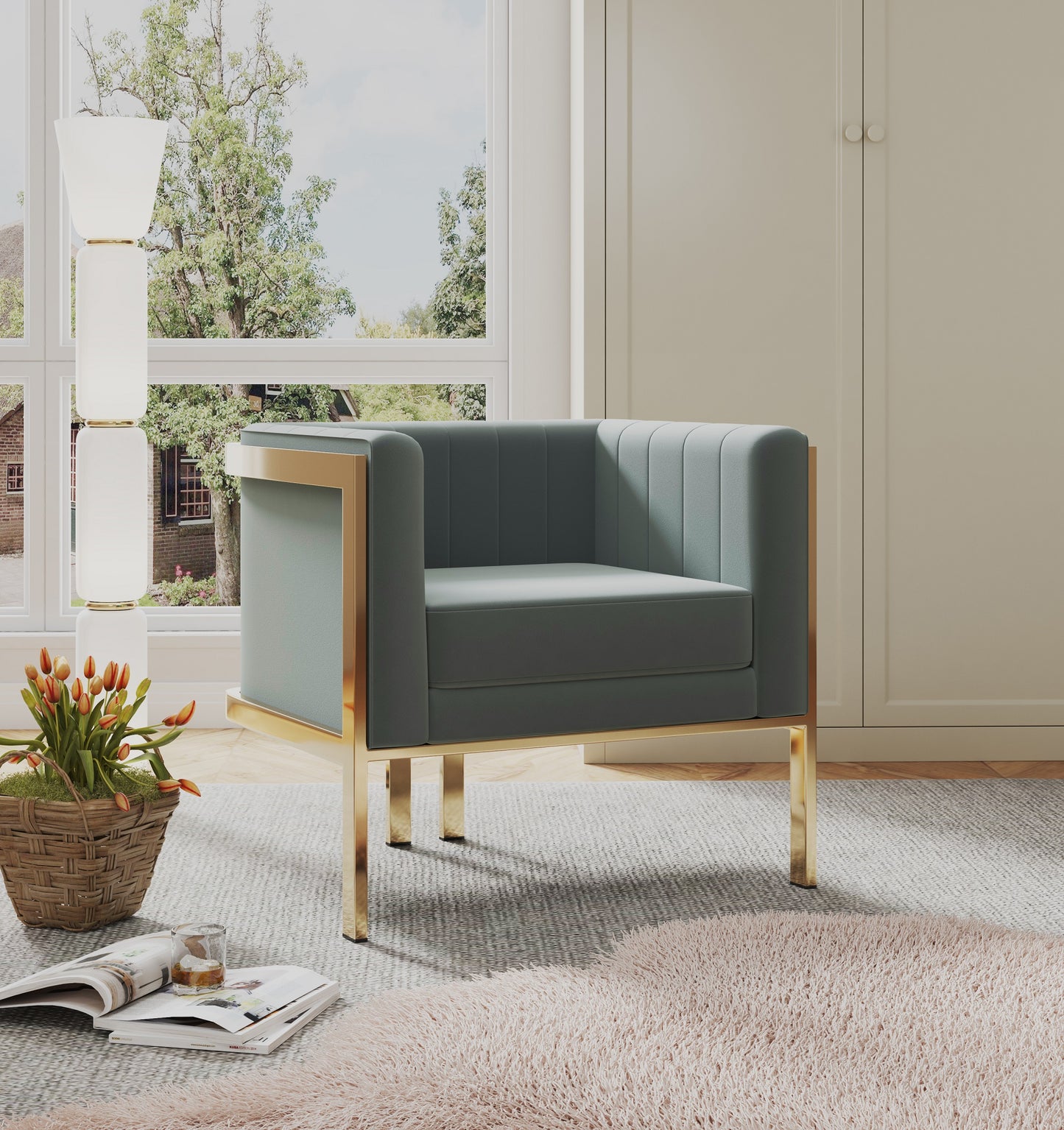 Manhattan Comfort Paramount Warm Grey and Polished Brass Velvet Accent Armchair (Set of 2) 2-AC053-GY