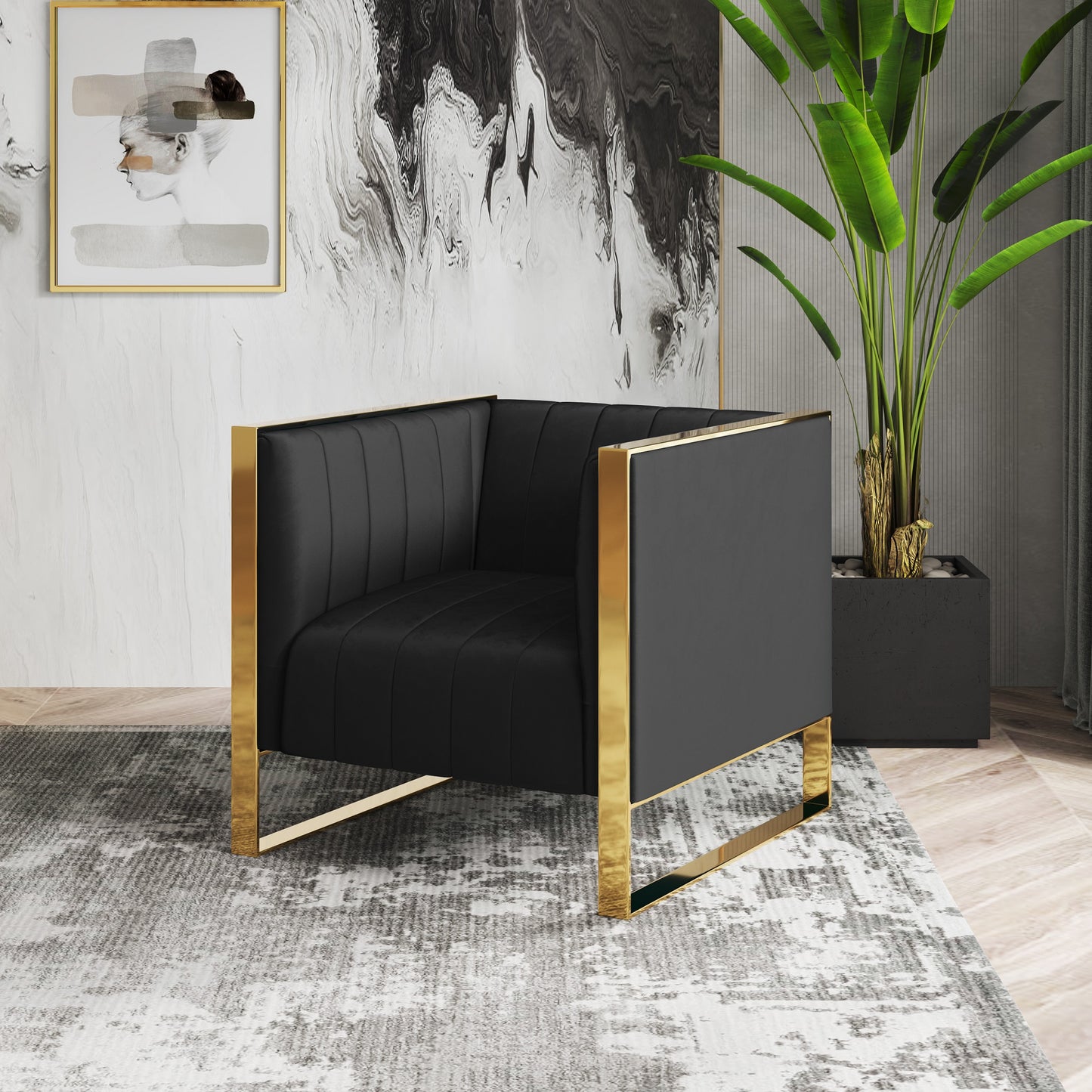 Manhattan Comfort Trillium Black and Gold Velvet Accent Chair (Set of 2) 2-AC055-BK