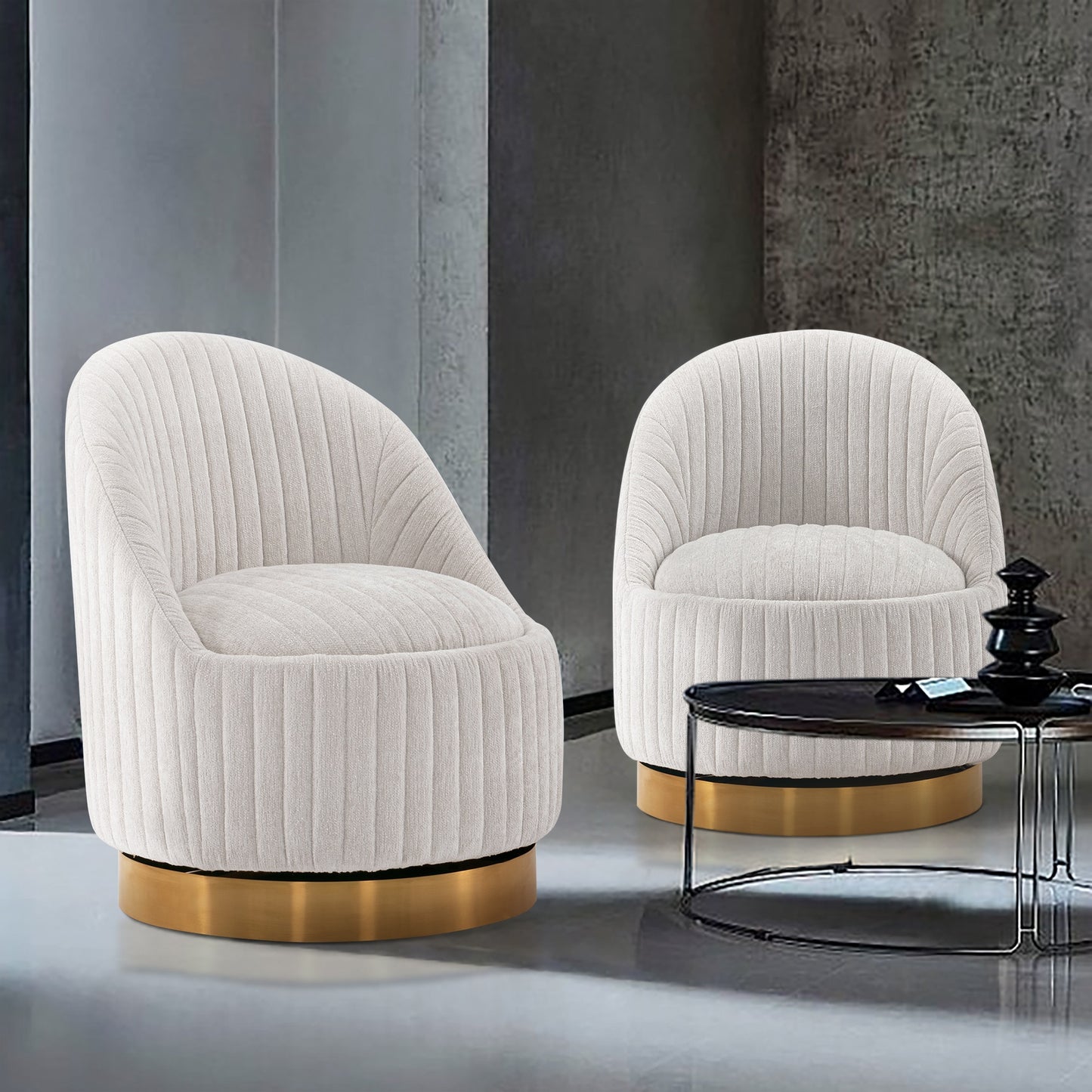 Manhattan Comfort Modern Leela Swivel Chenille Accent Chair in Cream- Set of 2 2-AC058-CR