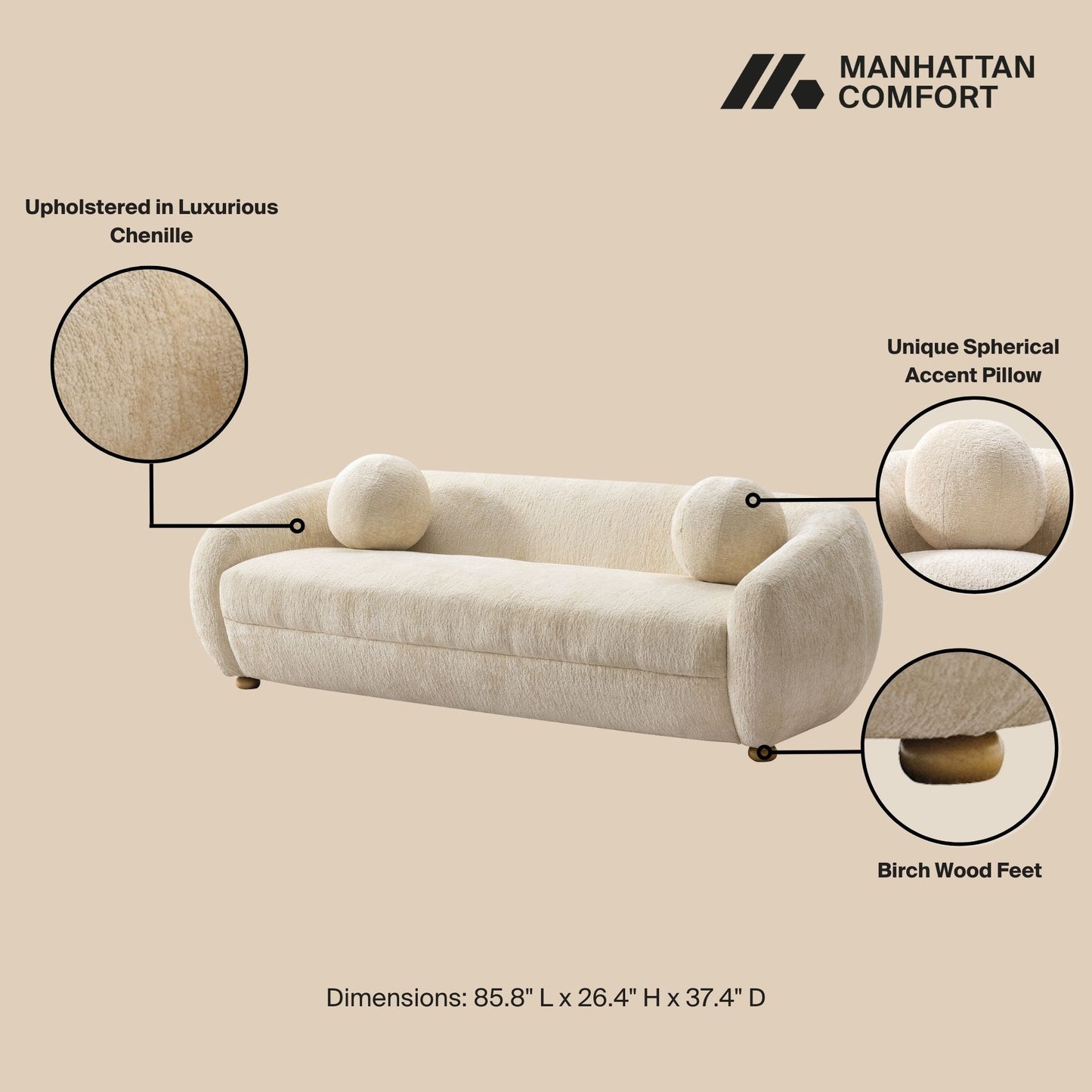 Tribeca Mid-Century Modern 2-Piece Sofa Set in Cream 2-ACSF16-CR