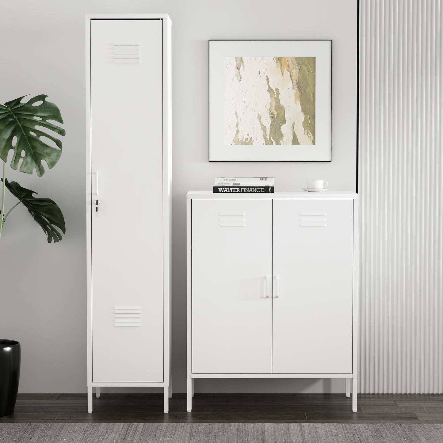 Naomi Modern 2-Piece Metal Storage Cabinets in White 2-AF067-WH