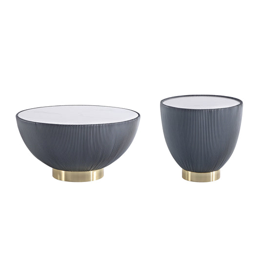 Manhattan Comfort Modern Anderson Coffee Table and End Table 2.0 Upholstered in Grey Leatherette with Ceramic Faux Tabletop - Set of 2 2-AT01-GY