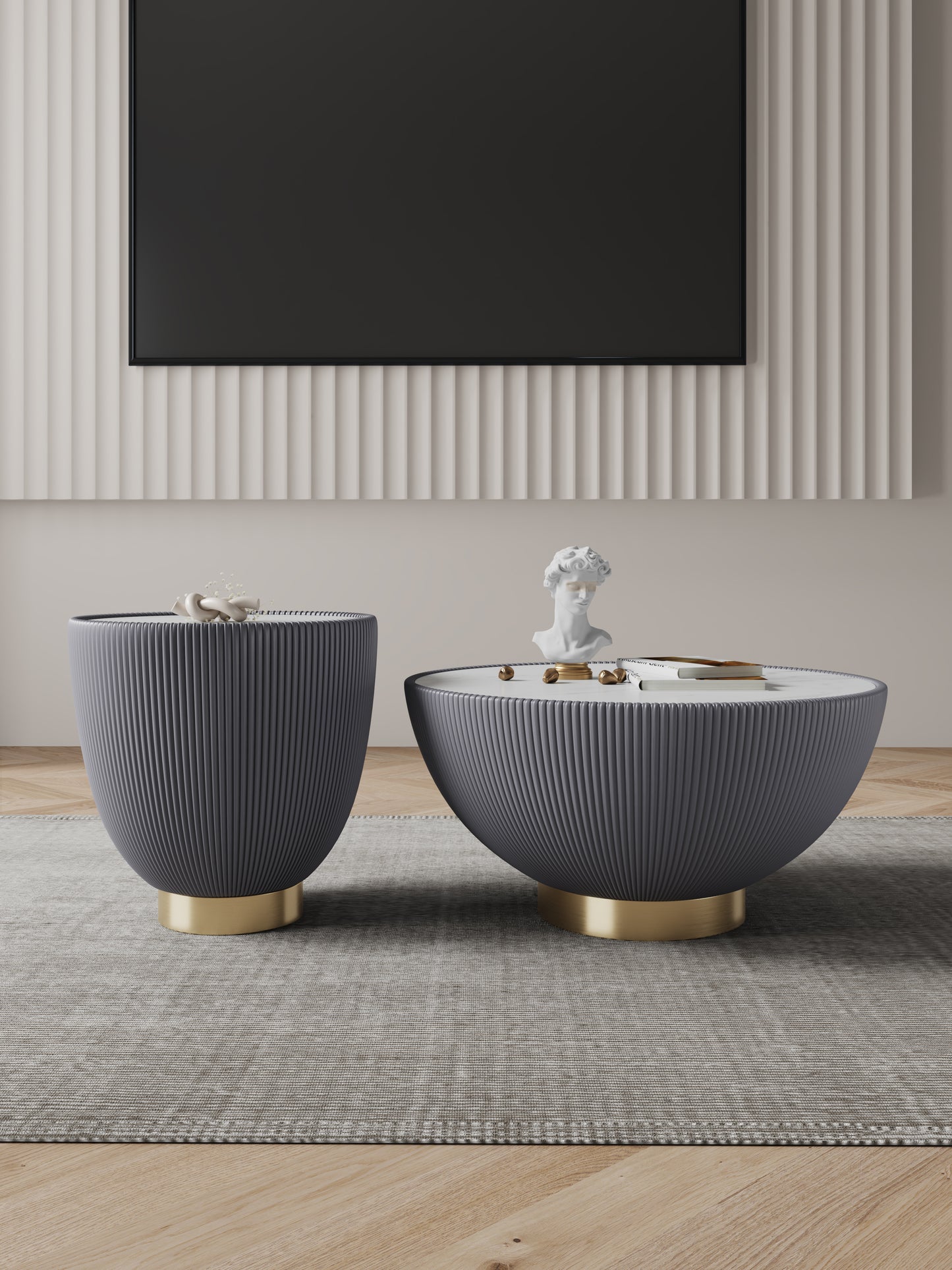 Manhattan Comfort Modern Anderson Coffee Table and End Table 2.0 Upholstered in Grey Leatherette with Ceramic Faux Tabletop - Set of 2 2-AT01-GY