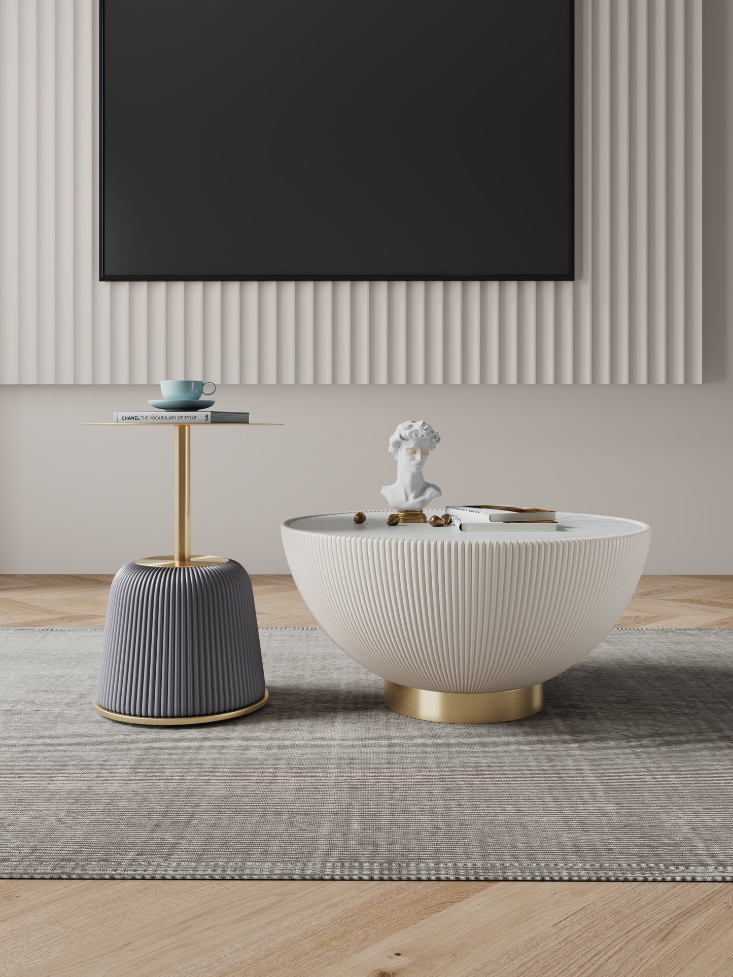 Manhattan Comfort Modern Anderson Coffee Table and End Table 1.0 Upholstered in Cream and Grey Leatherette with Ceramic Faux Tabletop and Gold Metal Tabletop- Set of 2 2-AT02-CRGY
