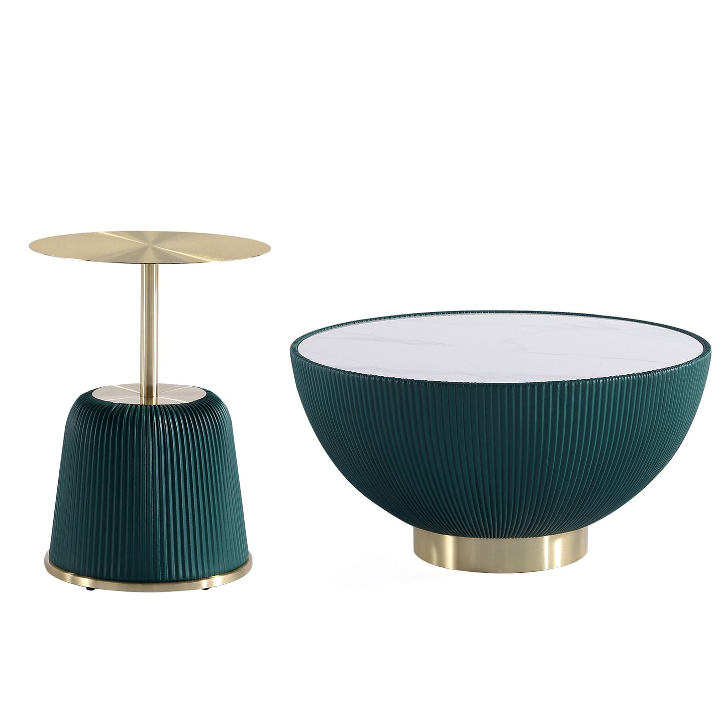 Manhattan Comfort Modern Anderson Coffee Table and End Table 1.0 Upholstered in Green Leatherette with Ceramic Faux Tabletop and Gold Metal Tabletop- Set of 2 2-AT02-GR