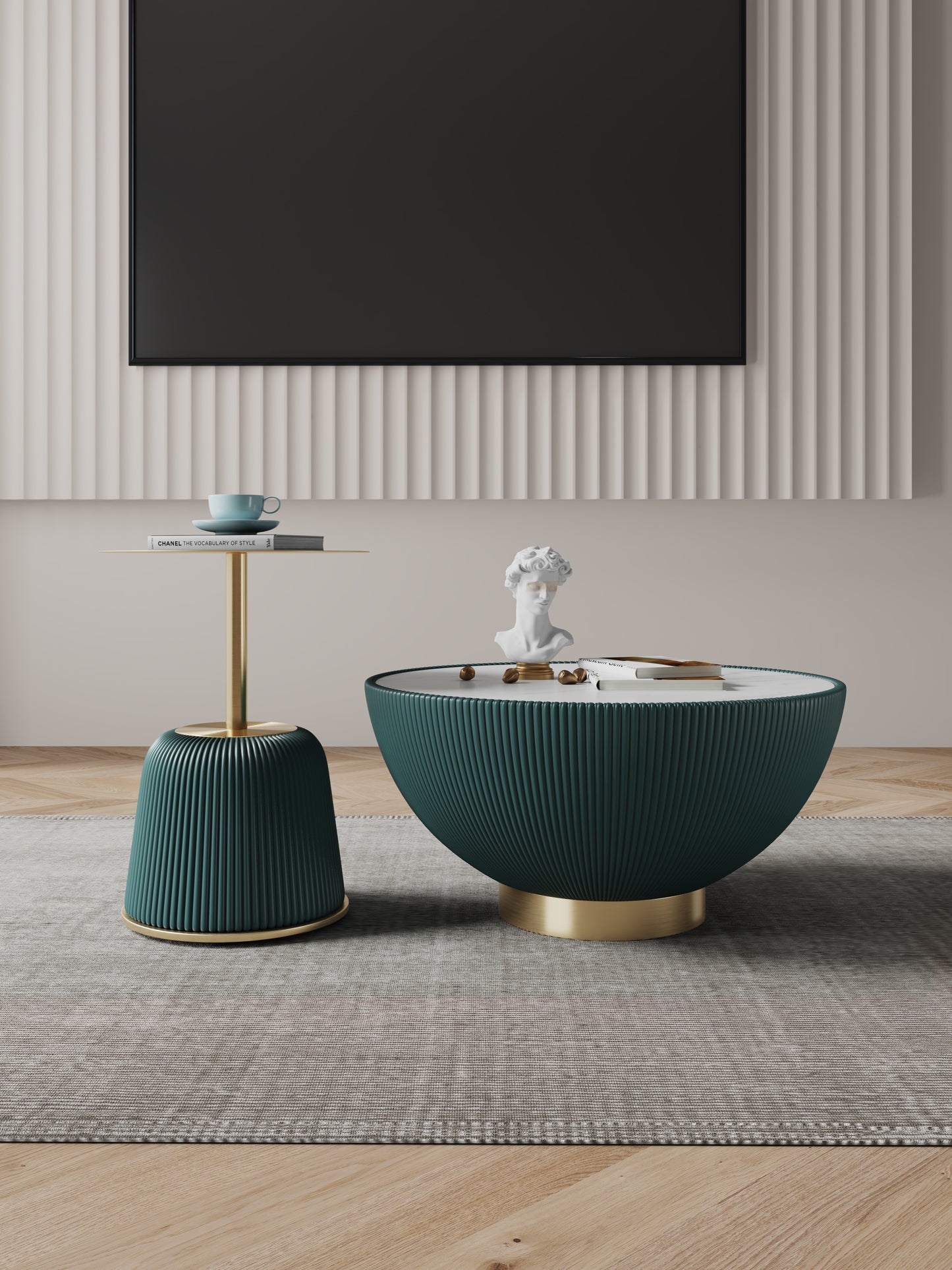Manhattan Comfort Modern Anderson Coffee Table and End Table 1.0 Upholstered in Green Leatherette with Ceramic Faux Tabletop and Gold Metal Tabletop- Set of 2 2-AT02-GR