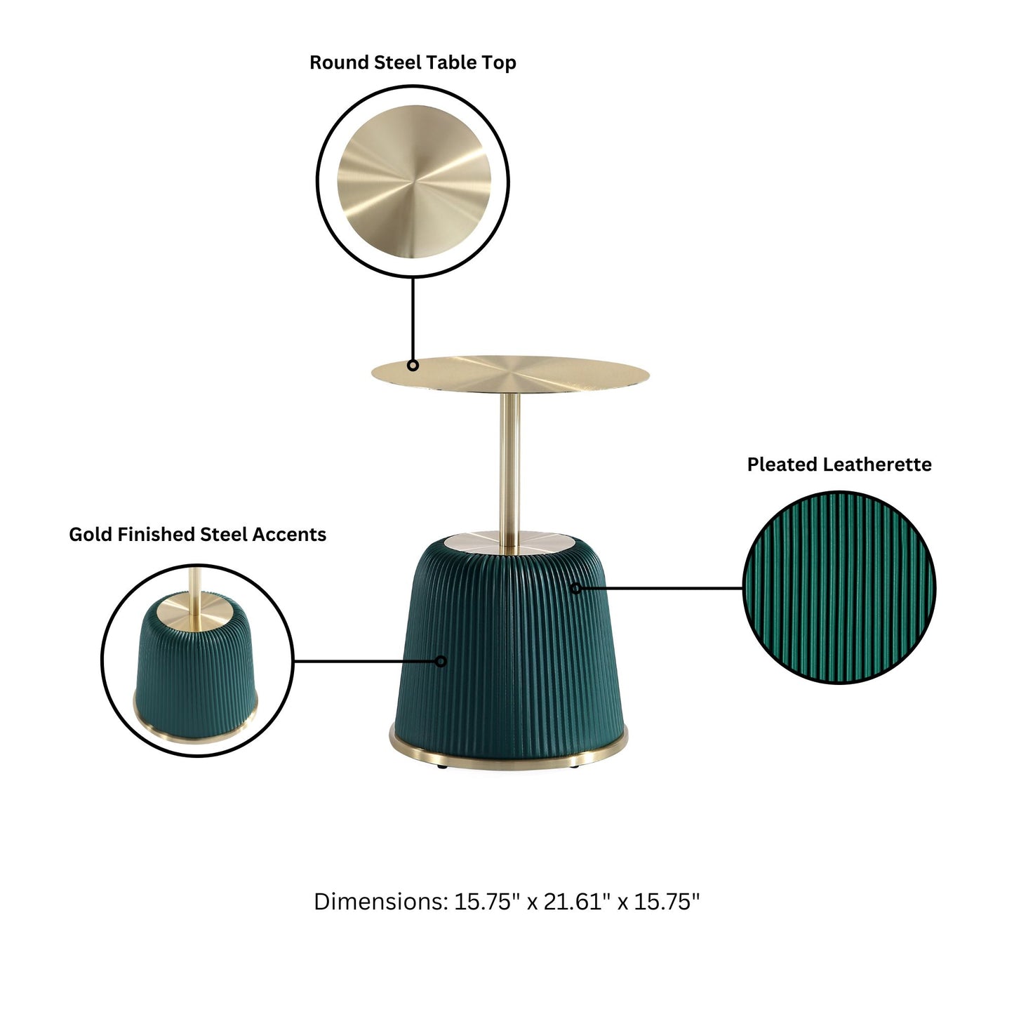 Manhattan Comfort Modern Anderson Coffee Table and End Table 1.0 Upholstered in Green Leatherette with Ceramic Faux Tabletop and Gold Metal Tabletop- Set of 2 2-AT02-GR