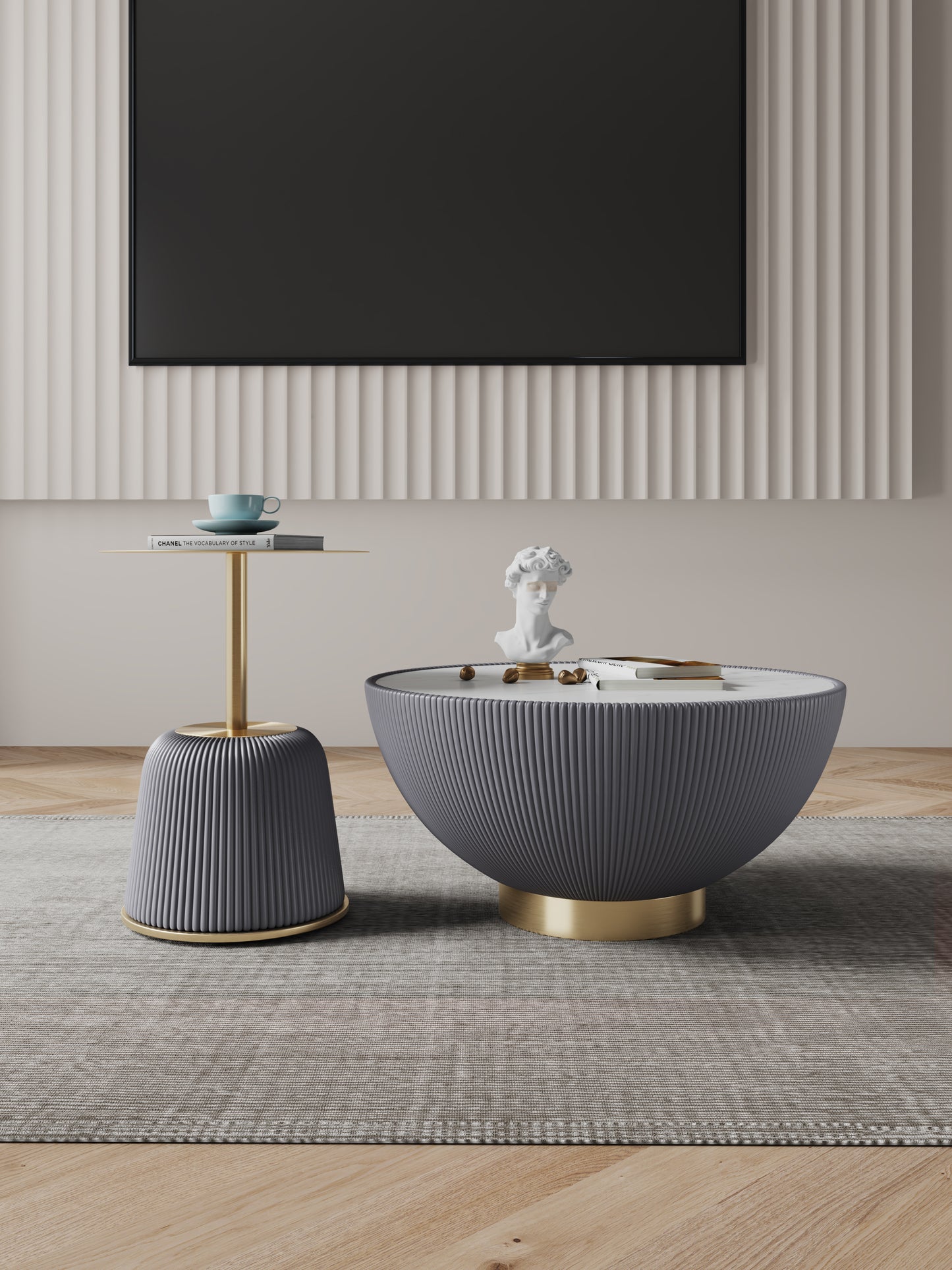 Manhattan Comfort Modern Anderson Coffee Table and End Table 1.0 Upholstered in Grey Leatherette with Ceramic Faux Tabletop and Gold Metal Tabletop- Set of 2 2-AT02-GY