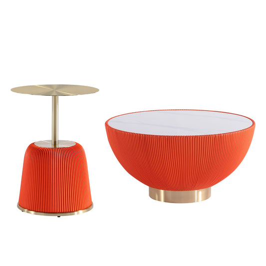 Manhattan Comfort Modern Anderson Coffee Table and End Table 1.0 Upholstered in Orange Leatherette with Ceramic Faux Tabletop and Gold Metal Tabletop- Set of 2 2-AT02-OR