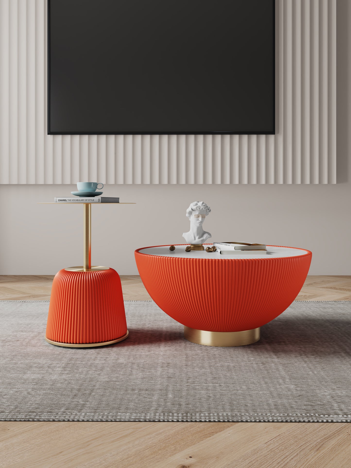 Manhattan Comfort Modern Anderson Coffee Table and End Table 1.0 Upholstered in Orange Leatherette with Ceramic Faux Tabletop and Gold Metal Tabletop- Set of 2 2-AT02-OR