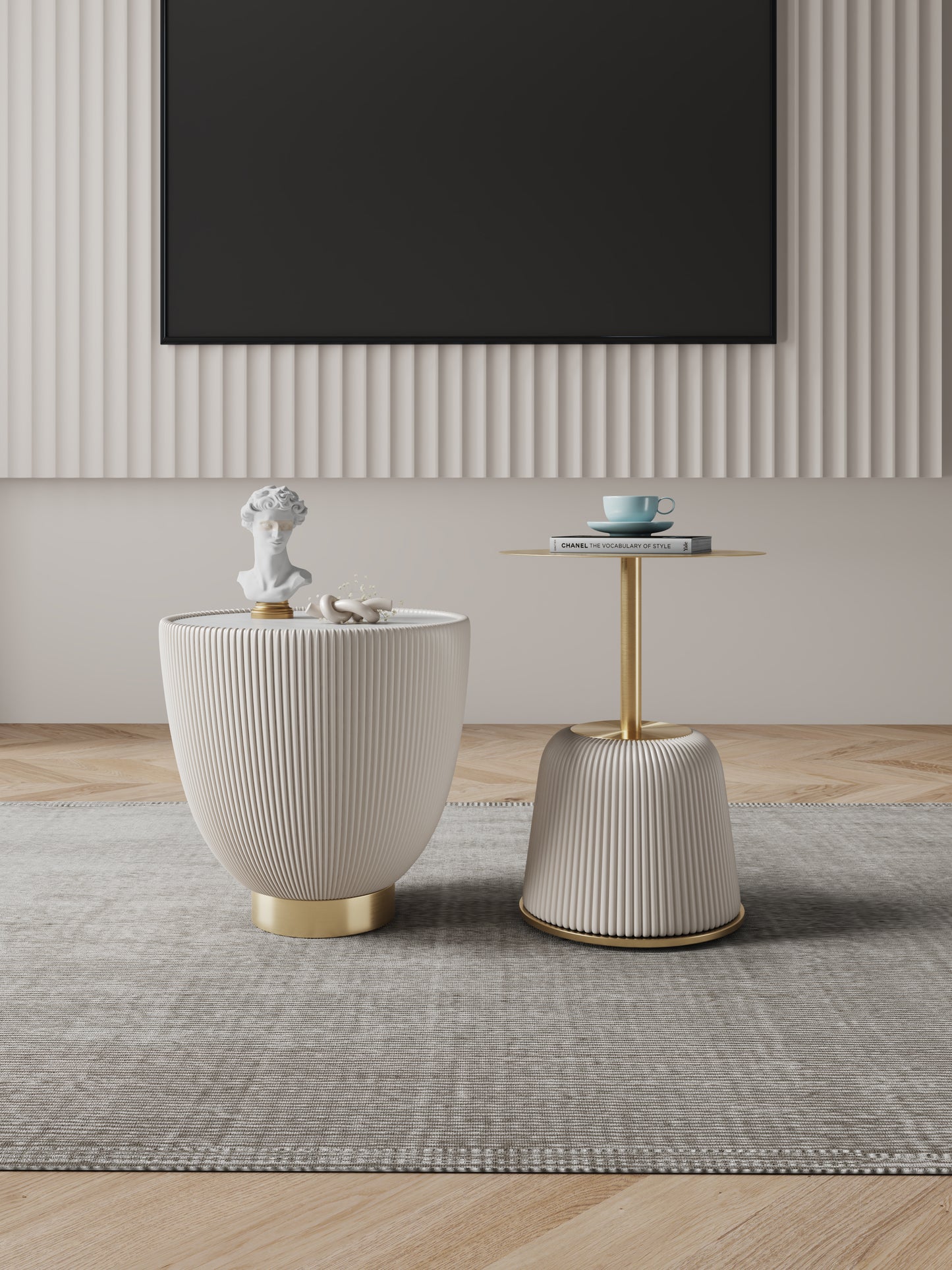 Manhattan Comfort Modern Anderson End Table 1.0 and End Table 2.0 Upholstered in Cream Leatherette with Ceramic Faux Tabletop and Gold Metal Tabletop- Set of 2 2-AT03-CR