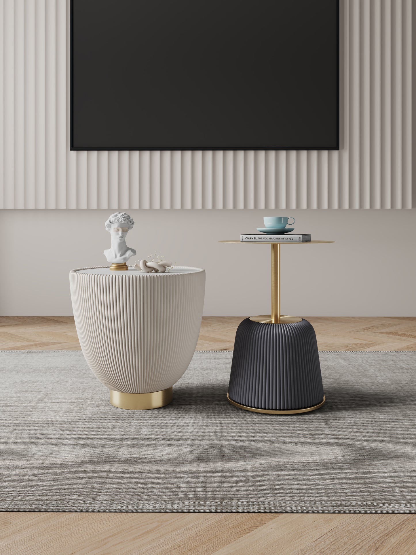 Manhattan Comfort Modern Anderson End Table 1.0 and End Table 2.0 Upholstered in Cream and Grey Leatherette with Ceramic Faux Tabletop and Gold Metal Tabletop- Set of 2 2-AT03-CRGY