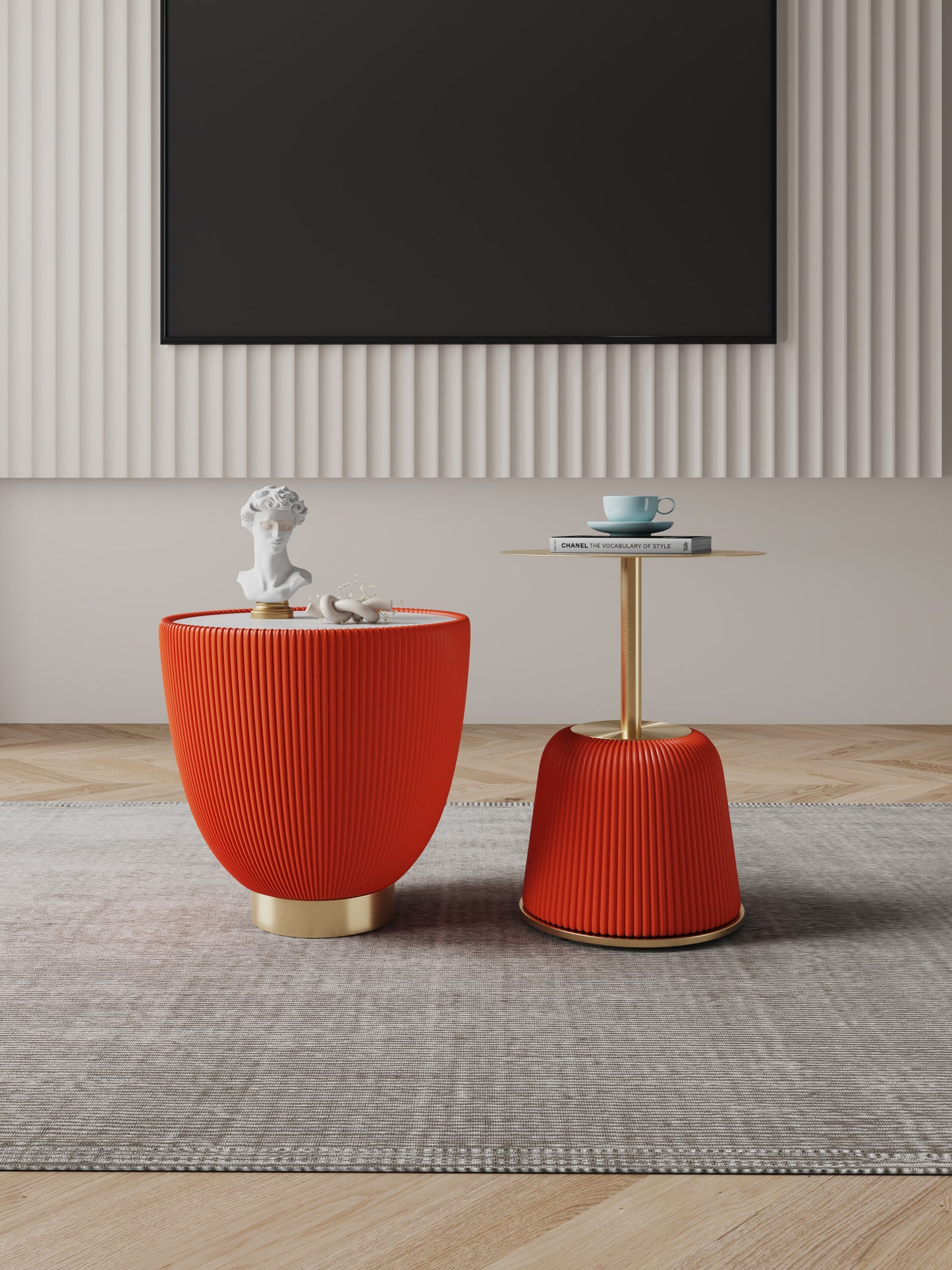 Manhattan Comfort Modern Anderson End Table 1.0 and End Table 2.0 Upholstered in Orange Leatherette with Ceramic Faux Tabletop and Gold Metal Tabletop- Set of 2 2-AT03-OR