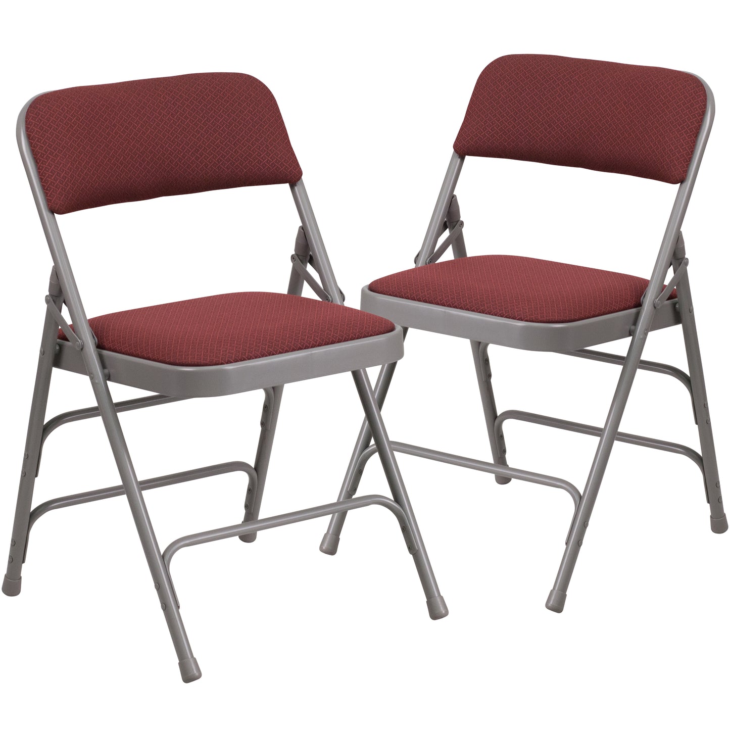 2 Pack HERCULES Series Curved Triple Braced & Double Hinged Burgundy Patterned Fabric Metal Folding Chair Burgundy Fabric/Grey Frame
