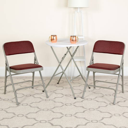 2 Pack HERCULES Series Curved Triple Braced & Double Hinged Burgundy Patterned Fabric Metal Folding Chair Burgundy Fabric/Grey Frame 2-AW-MC309AF-BG-GG
